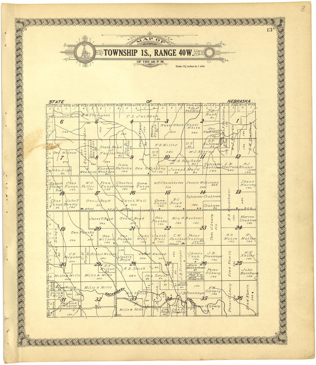 Map of Township 1S., Range 40W. of the 6th P.M. from Standard Atlas of Cheyenne County, Kansas : Including a Plat Book of the Villages, Cities and Townships of the County, Map of the State, United States and World : Patrons Directory, Reference … 1928 by Relic Map Company