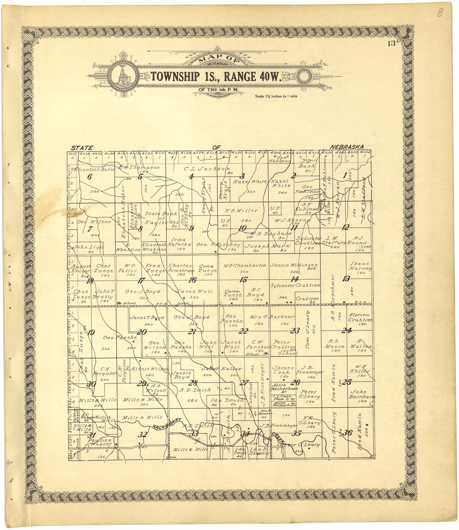Map of Township 1S., Range 40W. of the 6th P.M. from Standard Atlas of Cheyenne County, Kansas : Including a Plat Book of the Villages, Cities and Townships of the County, Map of the State, United States and World : Patrons Directory, Reference … 1928 by Relic Map Company