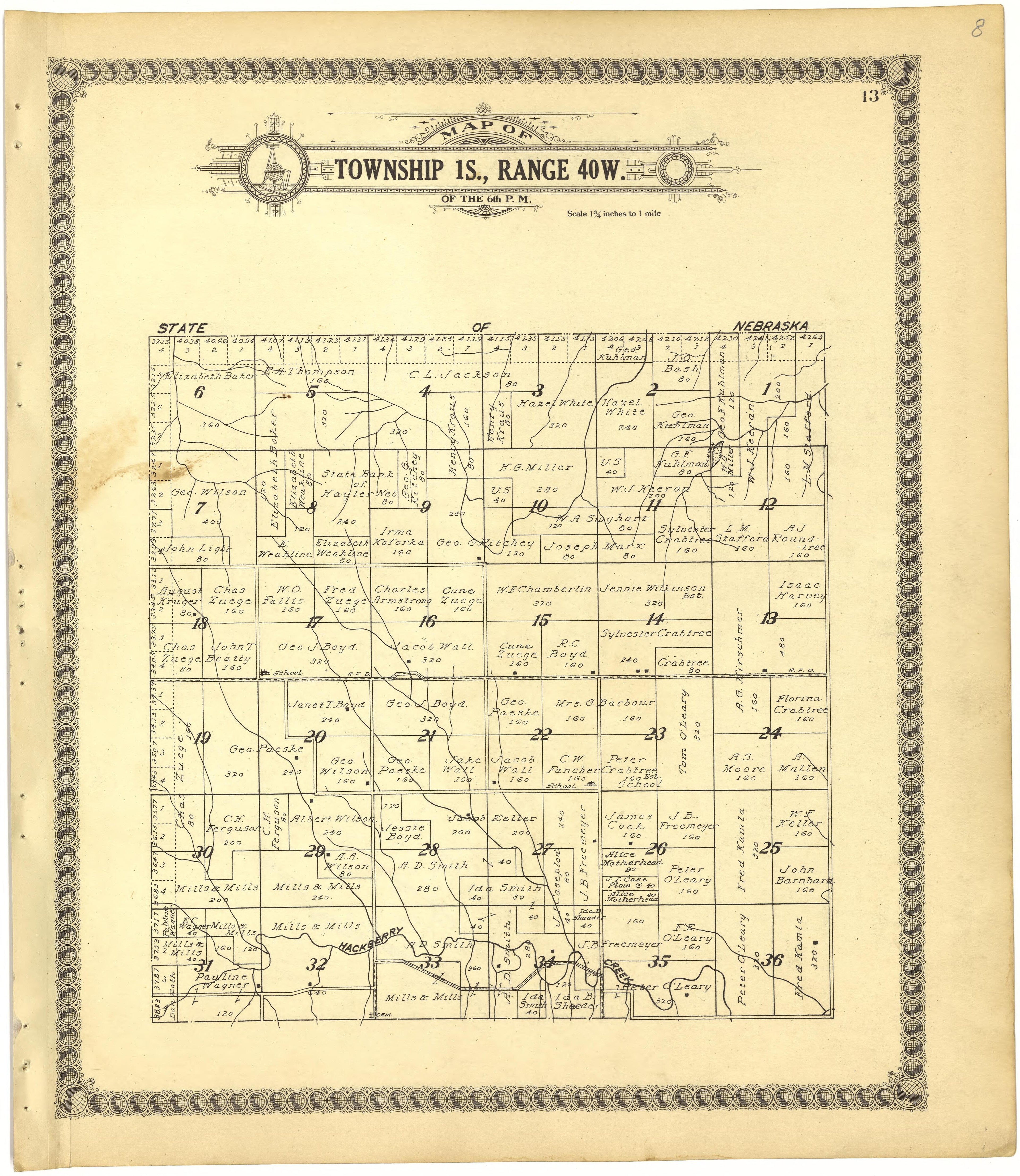 Map of Township 1S., Range 40W. of the 6th P.M. from Standard Atlas of Cheyenne County, Kansas : Including a Plat Book of the Villages, Cities and Townships of the County, Map of the State, United States and World : Patrons Directory, Reference … 1928 by Relic Map Company