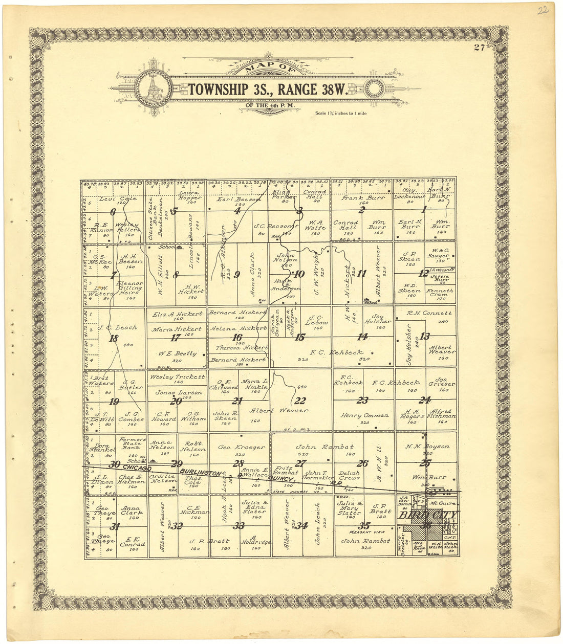 Map of Township 3S., Range 38W. of the 6th P.M. from Standard Atlas of Cheyenne County, Kansas : Including a Plat Book of the Villages, Cities and Townships of the County, Map of the State, United States and World : Patrons Directory, Reference … 1928 by Relic Map Company