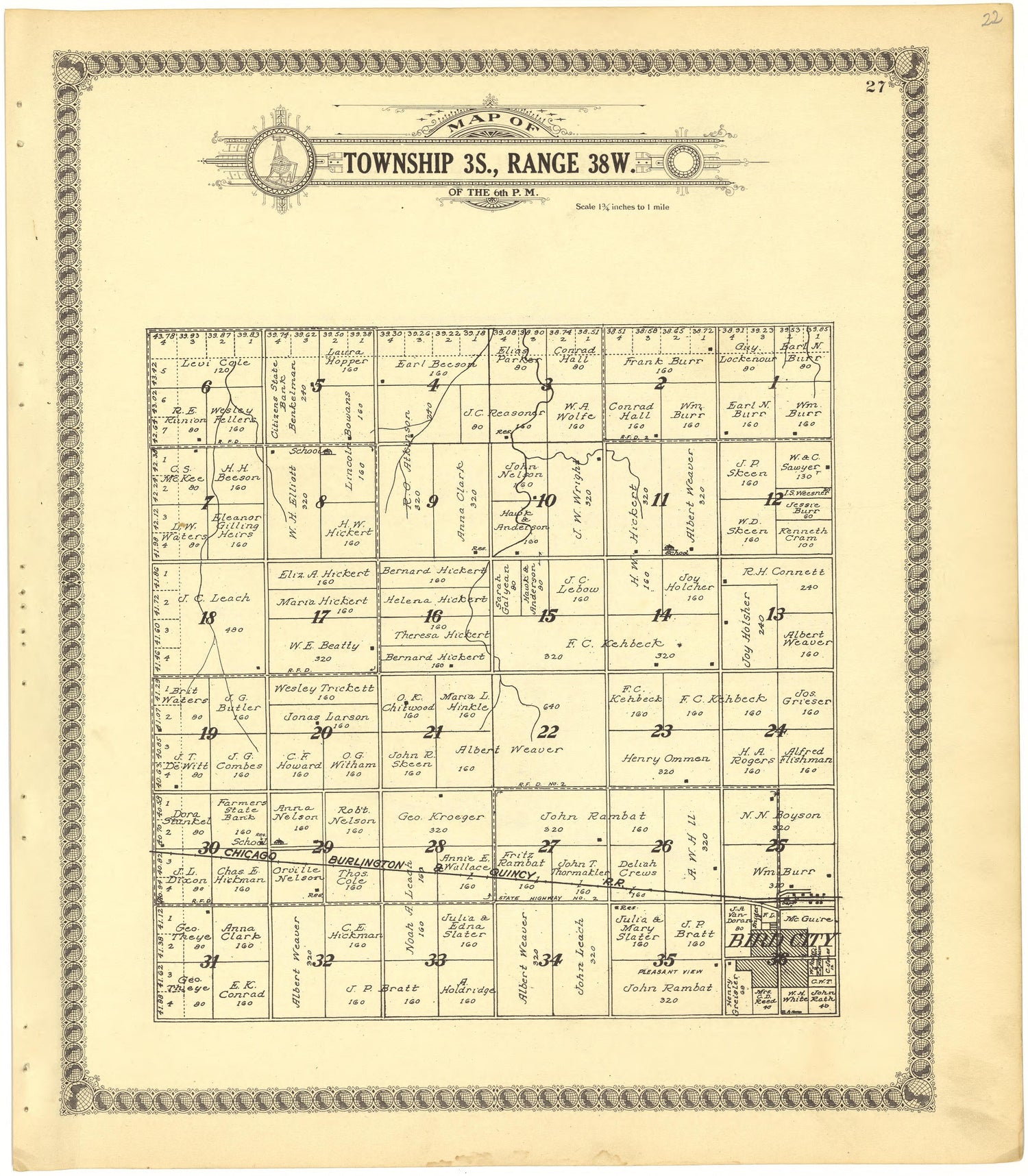 Map of Township 3S., Range 38W. of the 6th P.M. from Standard Atlas of Cheyenne County, Kansas : Including a Plat Book of the Villages, Cities and Townships of the County, Map of the State, United States and World : Patrons Directory, Reference … 1928 by Relic Map Company