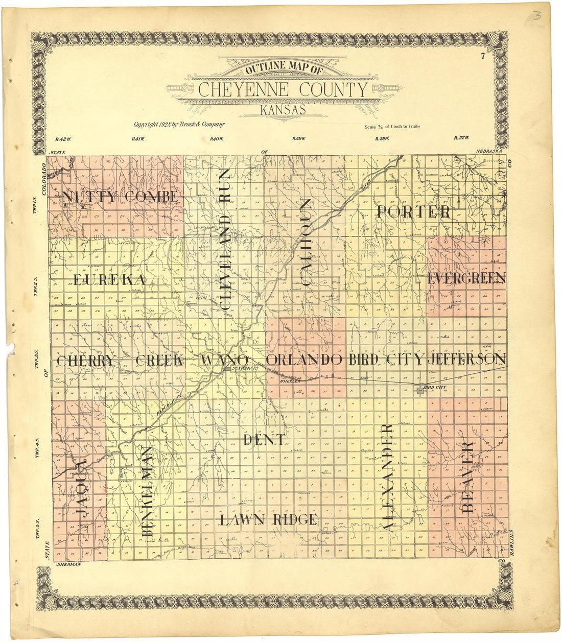 Outline Map of Cheyenne County, Kansas from Standard Atlas of Cheyenne County, Kansas : Including a Plat Book of the Villages, Cities and Townships of the County, Map of the State, United States and World : Patrons Directory, Reference … 1928 by Relic Map Company