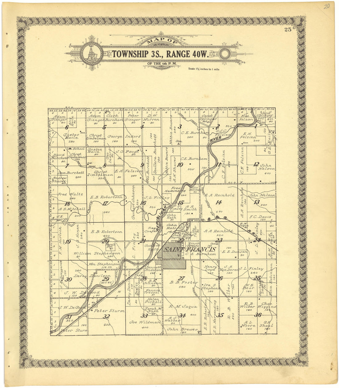 Map of Township 3S., Range 40W. of the 6th P.M. from Standard Atlas of Cheyenne County, Kansas : Including a Plat Book of the Villages, Cities and Townships of the County, Map of the State, United States and World : Patrons Directory, Reference … 1928 by Relic Map Company