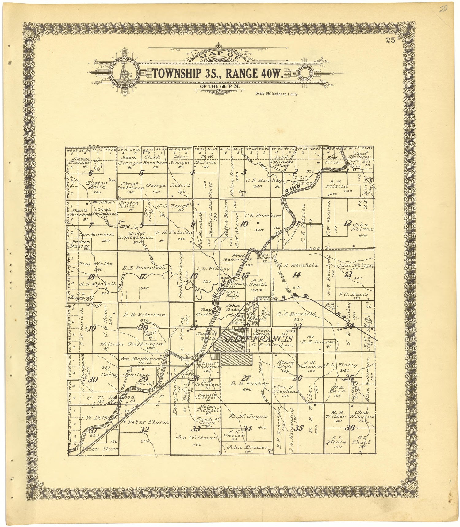 Map of Township 3S., Range 40W. of the 6th P.M. from Standard Atlas of Cheyenne County, Kansas : Including a Plat Book of the Villages, Cities and Townships of the County, Map of the State, United States and World : Patrons Directory, Reference … 1928 by Relic Map Company