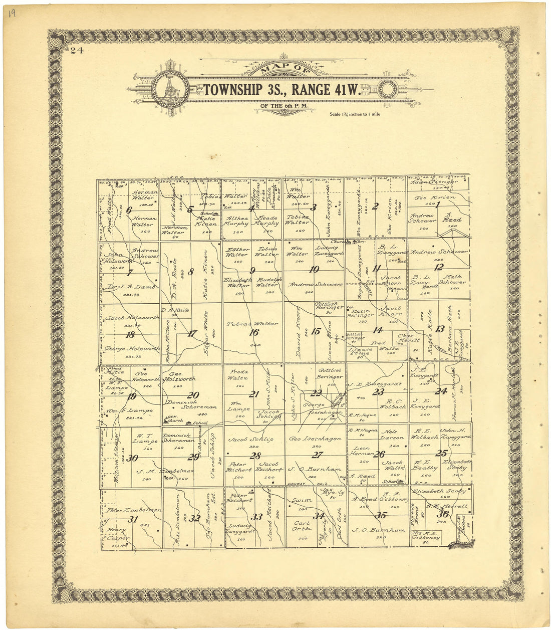 Map of Township 3S., Range 41W. of the 6th P.M. from Standard Atlas of Cheyenne County, Kansas : Including a Plat Book of the Villages, Cities and Townships of the County, Map of the State, United States and World : Patrons Directory, Reference … 1928 by Relic Map Company