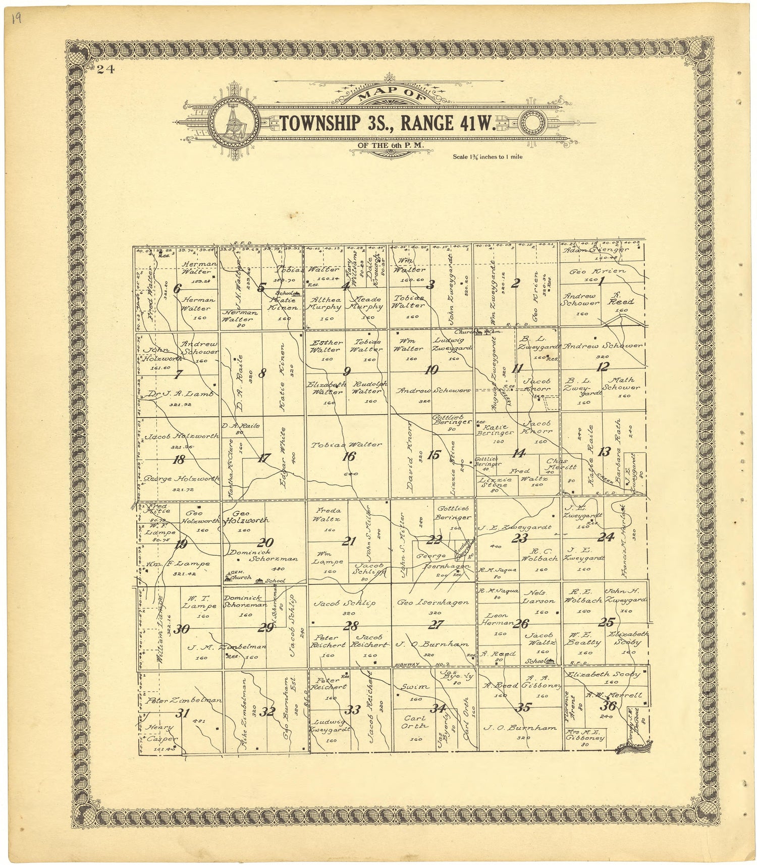 Map of Township 3S., Range 41W. of the 6th P.M. from Standard Atlas of Cheyenne County, Kansas : Including a Plat Book of the Villages, Cities and Townships of the County, Map of the State, United States and World : Patrons Directory, Reference … 1928 by Relic Map Company