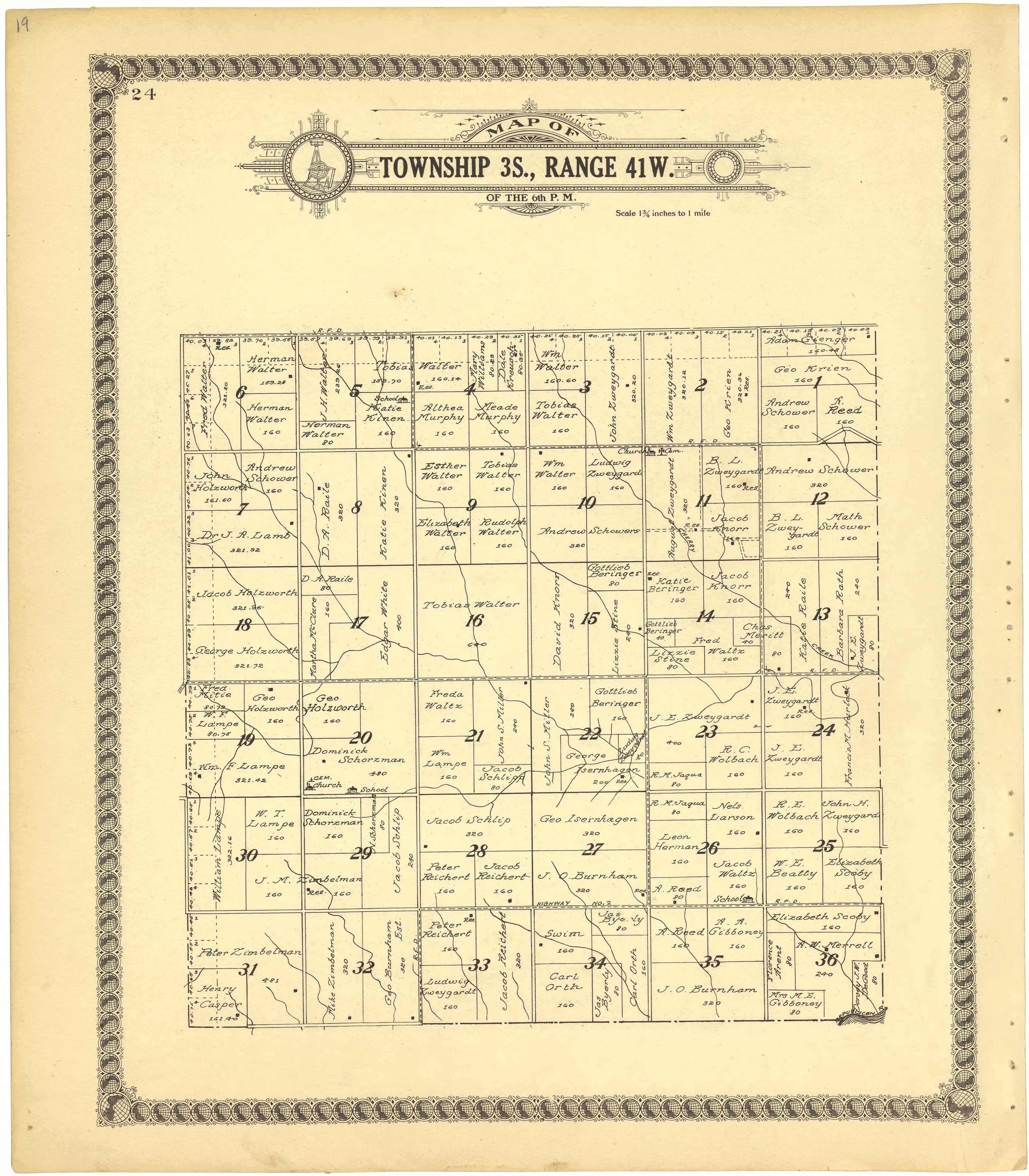 Map of Township 3S., Range 41W. of the 6th P.M. from Standard Atlas of Cheyenne County, Kansas : Including a Plat Book of the Villages, Cities and Townships of the County, Map of the State, United States and World : Patrons Directory, Reference … 1928 by Relic Map Company