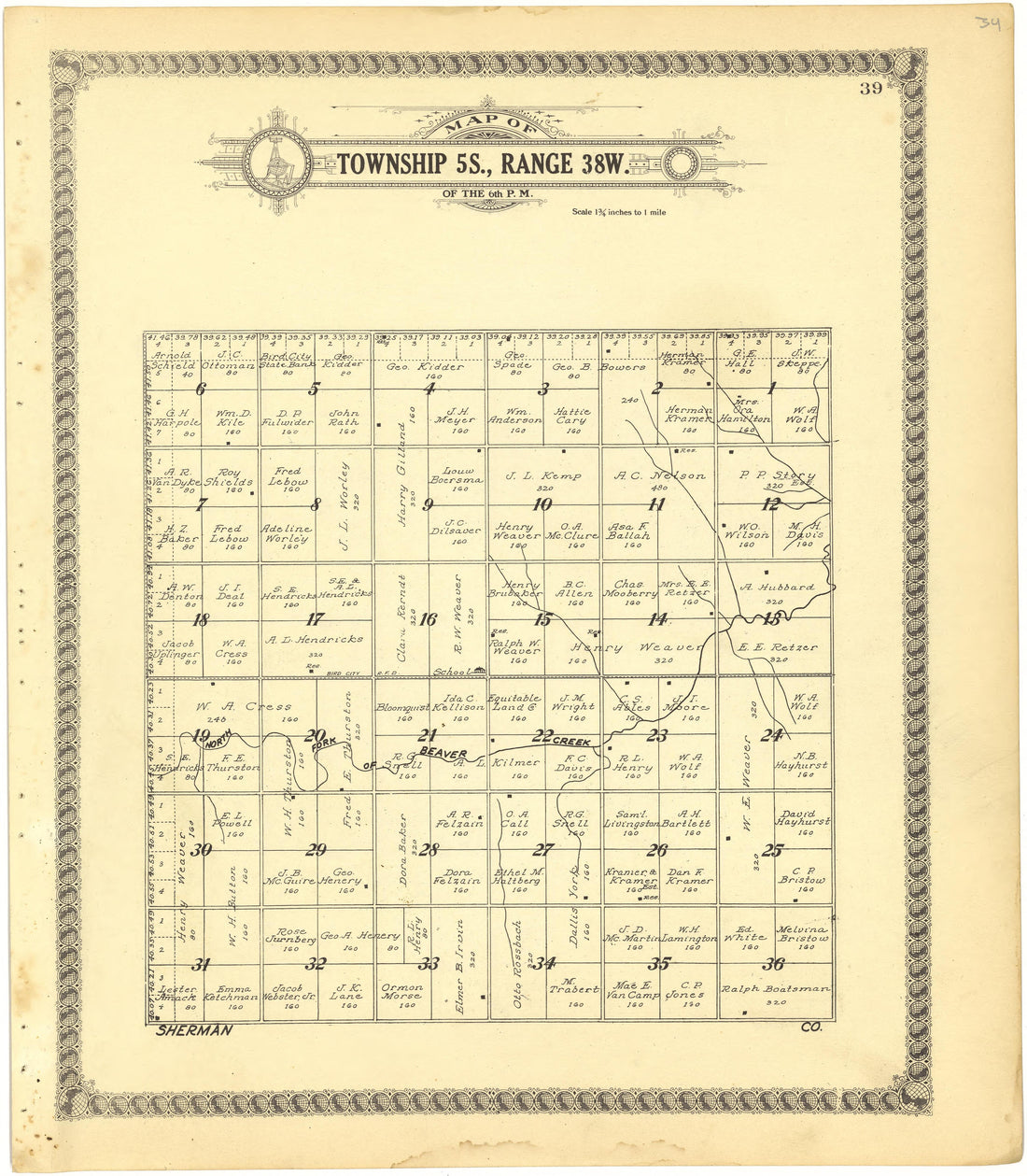 Map of Township 5S., Range 38W. of the 6th P.M. from Standard Atlas of Cheyenne County, Kansas : Including a Plat Book of the Villages, Cities and Townships of the County, Map of the State, United States and World : Patrons Directory, Reference … 1928 by Relic Map Company
