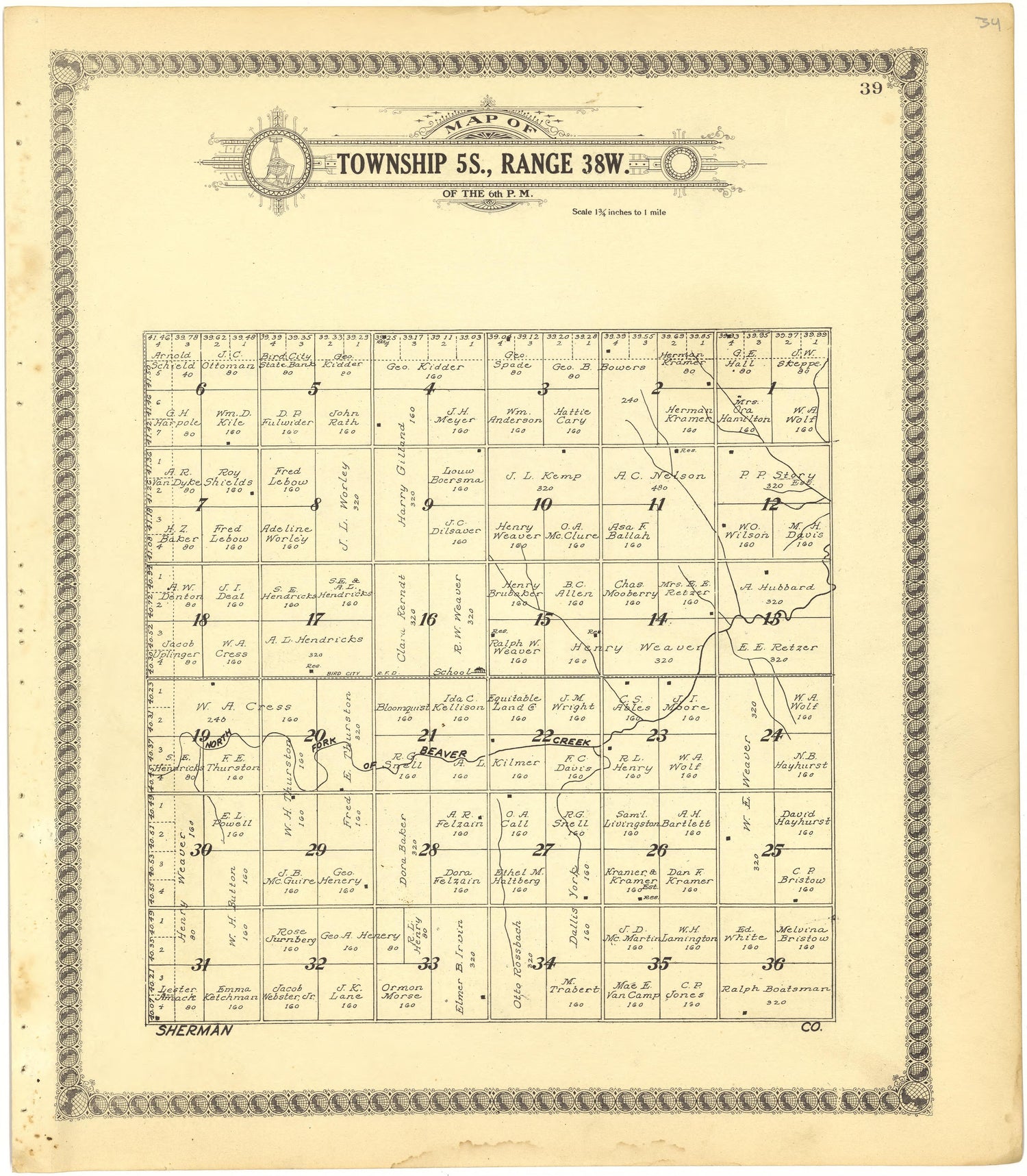 Map of Township 5S., Range 38W. of the 6th P.M. from Standard Atlas of Cheyenne County, Kansas : Including a Plat Book of the Villages, Cities and Townships of the County, Map of the State, United States and World : Patrons Directory, Reference … 1928 by Relic Map Company