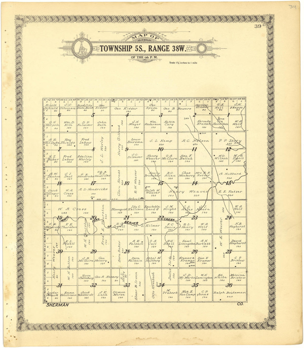 Map of Township 5S., Range 38W. of the 6th P.M. from Standard Atlas of Cheyenne County, Kansas : Including a Plat Book of the Villages, Cities and Townships of the County, Map of the State, United States and World : Patrons Directory, Reference … 1928 by Relic Map Company