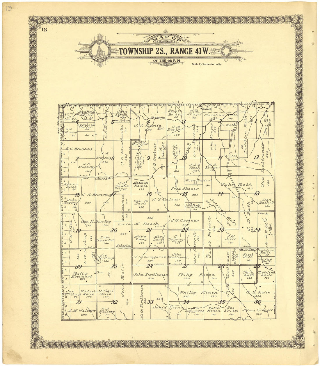 Map of Township 2S., Range 41W. of the 6th P.M. from Standard Atlas of Cheyenne County, Kansas : Including a Plat Book of the Villages, Cities and Townships of the County, Map of the State, United States and World : Patrons Directory, Reference … 1928 by Relic Map Company