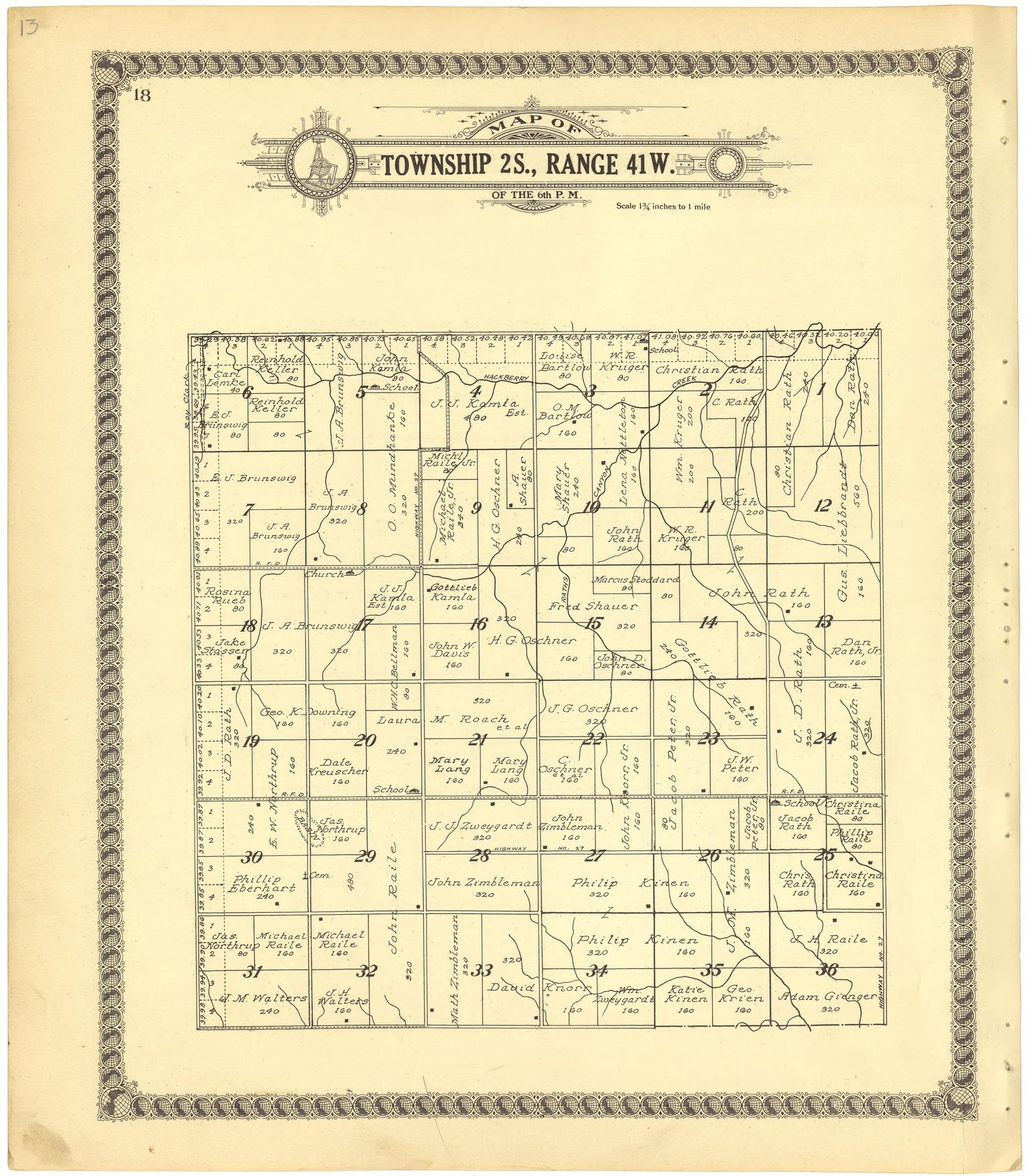 Map of Township 2S., Range 41W. of the 6th P.M. from Standard Atlas of Cheyenne County, Kansas : Including a Plat Book of the Villages, Cities and Townships of the County, Map of the State, United States and World : Patrons Directory, Reference … 1928 by Relic Map Company