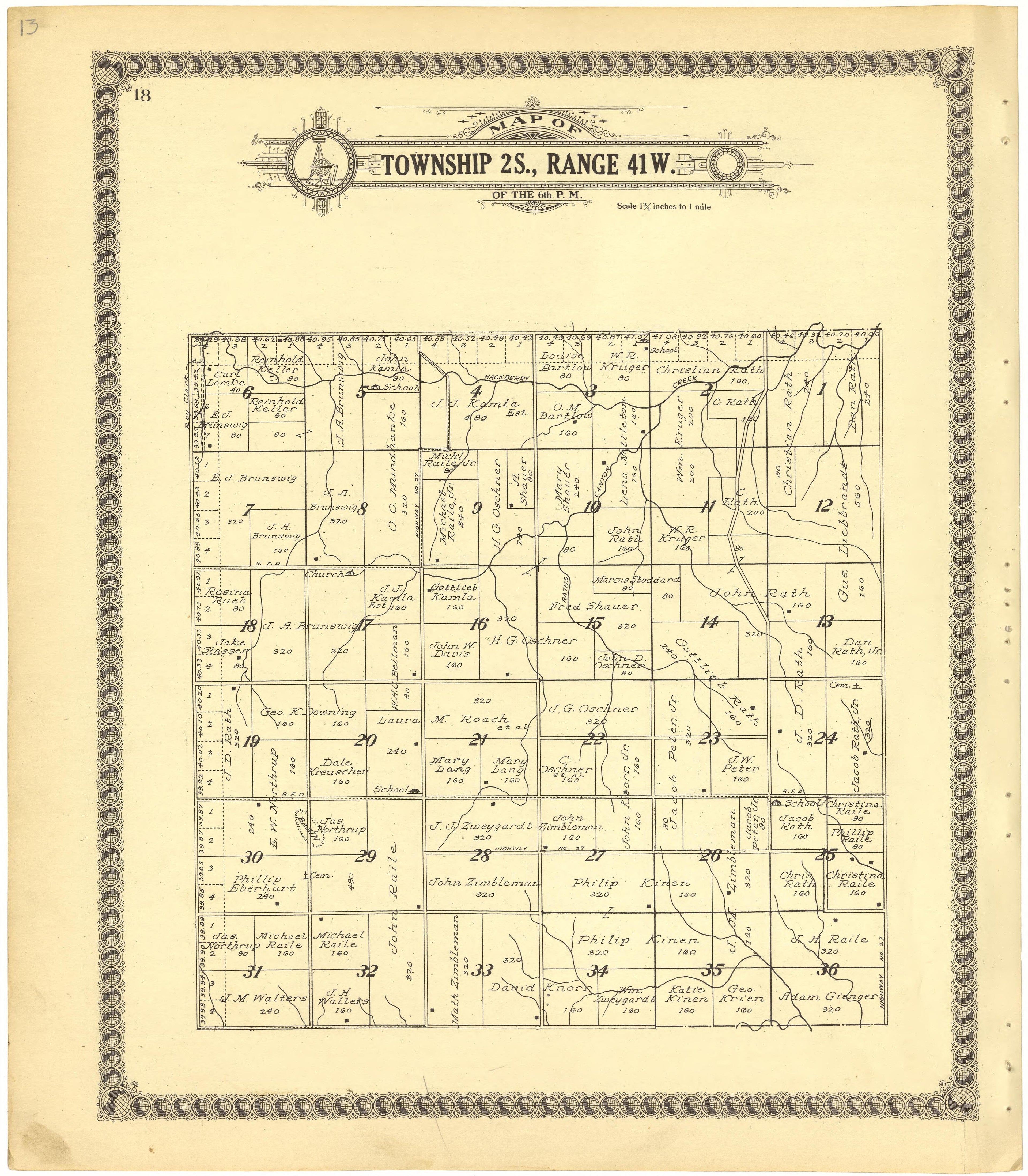 Map of Township 2S., Range 41W. of the 6th P.M. from Standard Atlas of Cheyenne County, Kansas : Including a Plat Book of the Villages, Cities and Townships of the County, Map of the State, United States and World : Patrons Directory, Reference … 1928 by Relic Map Company