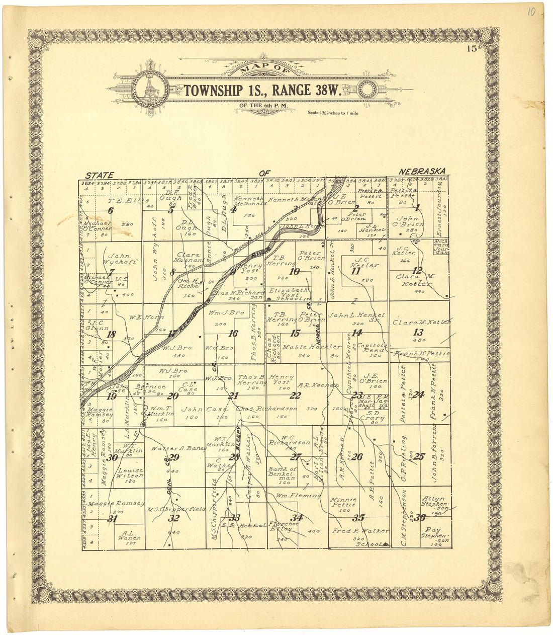Map of Township 1S., Range 38W. of the 6th P.M. from Standard Atlas of Cheyenne County, Kansas : Including a Plat Book of the Villages, Cities and Townships of the County, Map of the State, United States and World : Patrons Directory, Reference … 1928 by Relic Map Company