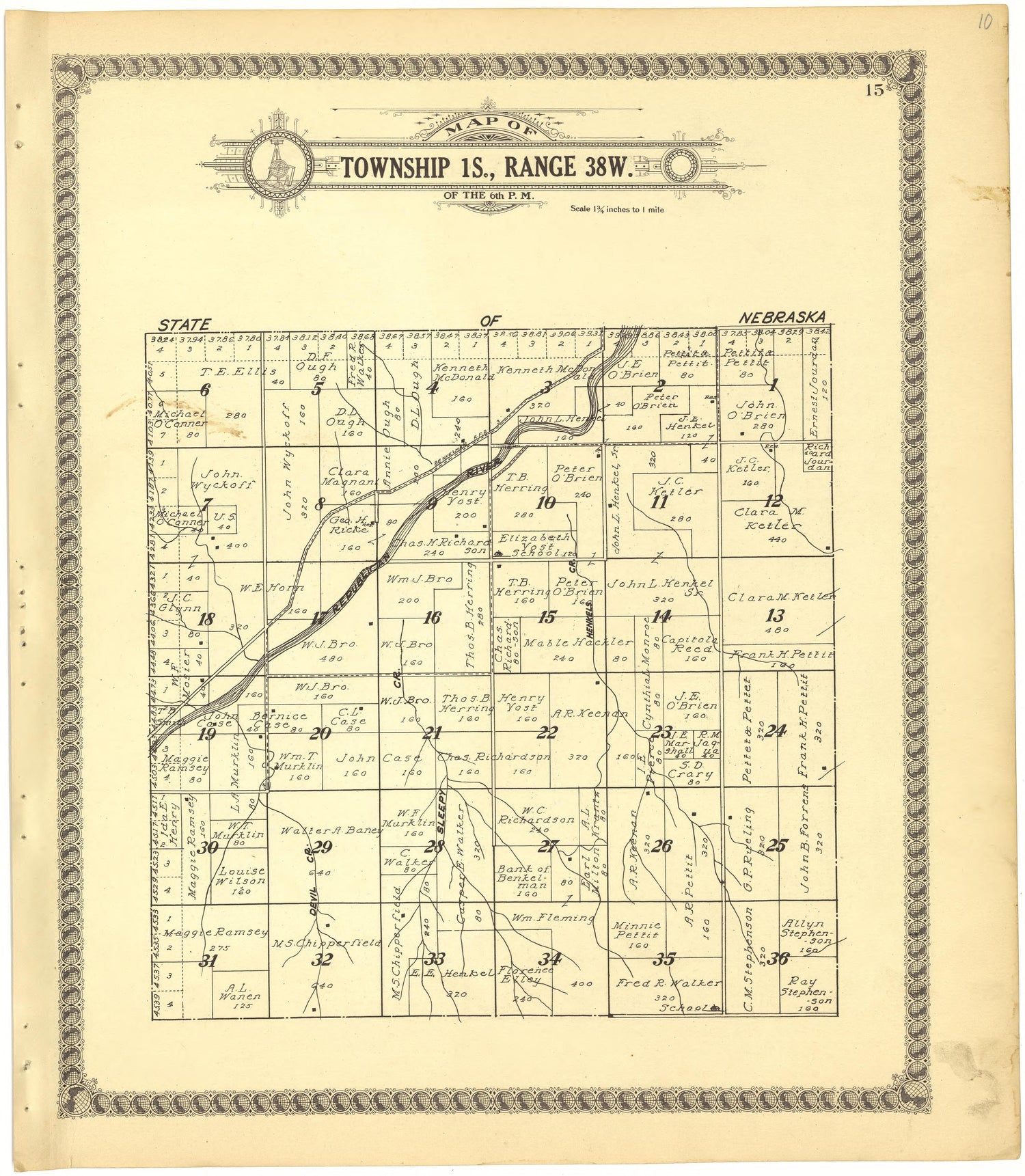 Map of Township 1S., Range 38W. of the 6th P.M. from Standard Atlas of Cheyenne County, Kansas : Including a Plat Book of the Villages, Cities and Townships of the County, Map of the State, United States and World : Patrons Directory, Reference … 1928 by Relic Map Company