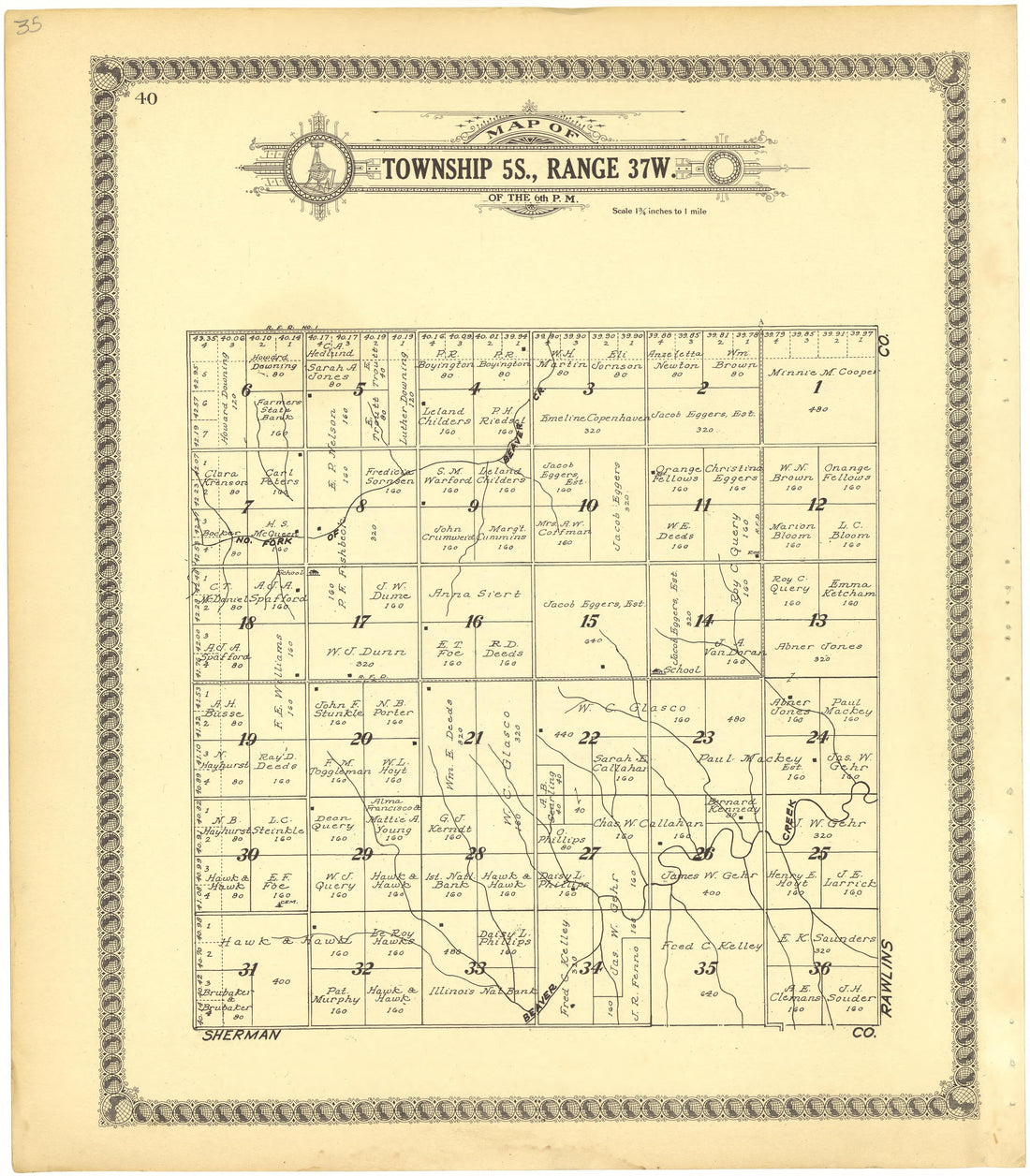 Map of Township 5S., Range 37W. of the 6th P.M. from Standard Atlas of Cheyenne County, Kansas : Including a Plat Book of the Villages, Cities and Townships of the County, Map of the State, United States and World : Patrons Directory, Reference … 1928 by Relic Map Company