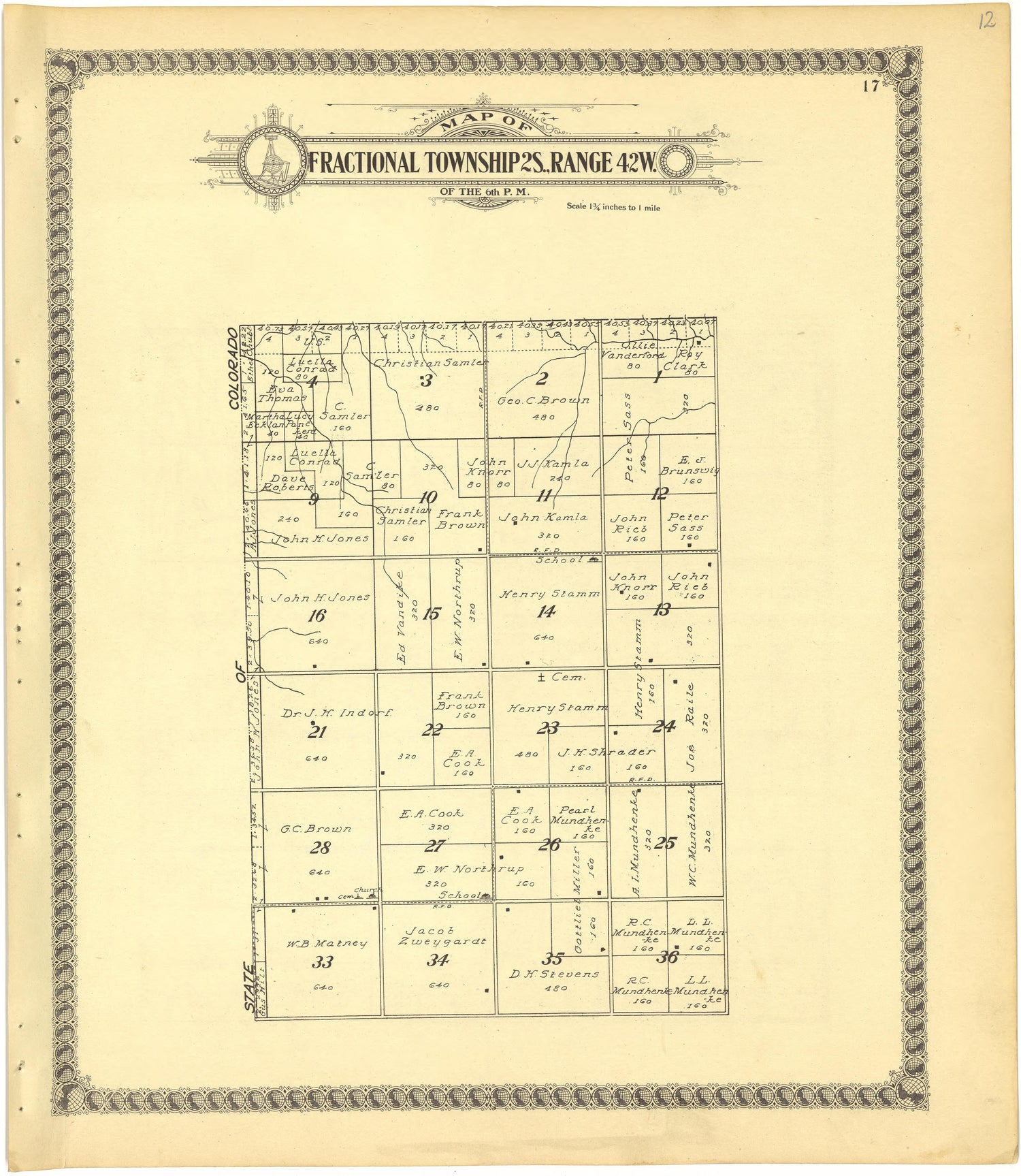 Map of Fractional Township 2S., Range 42W. of the 6th P.M. from Standard Atlas of Cheyenne County, Kansas : Including a Plat Book of the Villages, Cities and Townships of the County, Map of the State, United States and World : Patrons Directory, Refer... by Relic Map Company