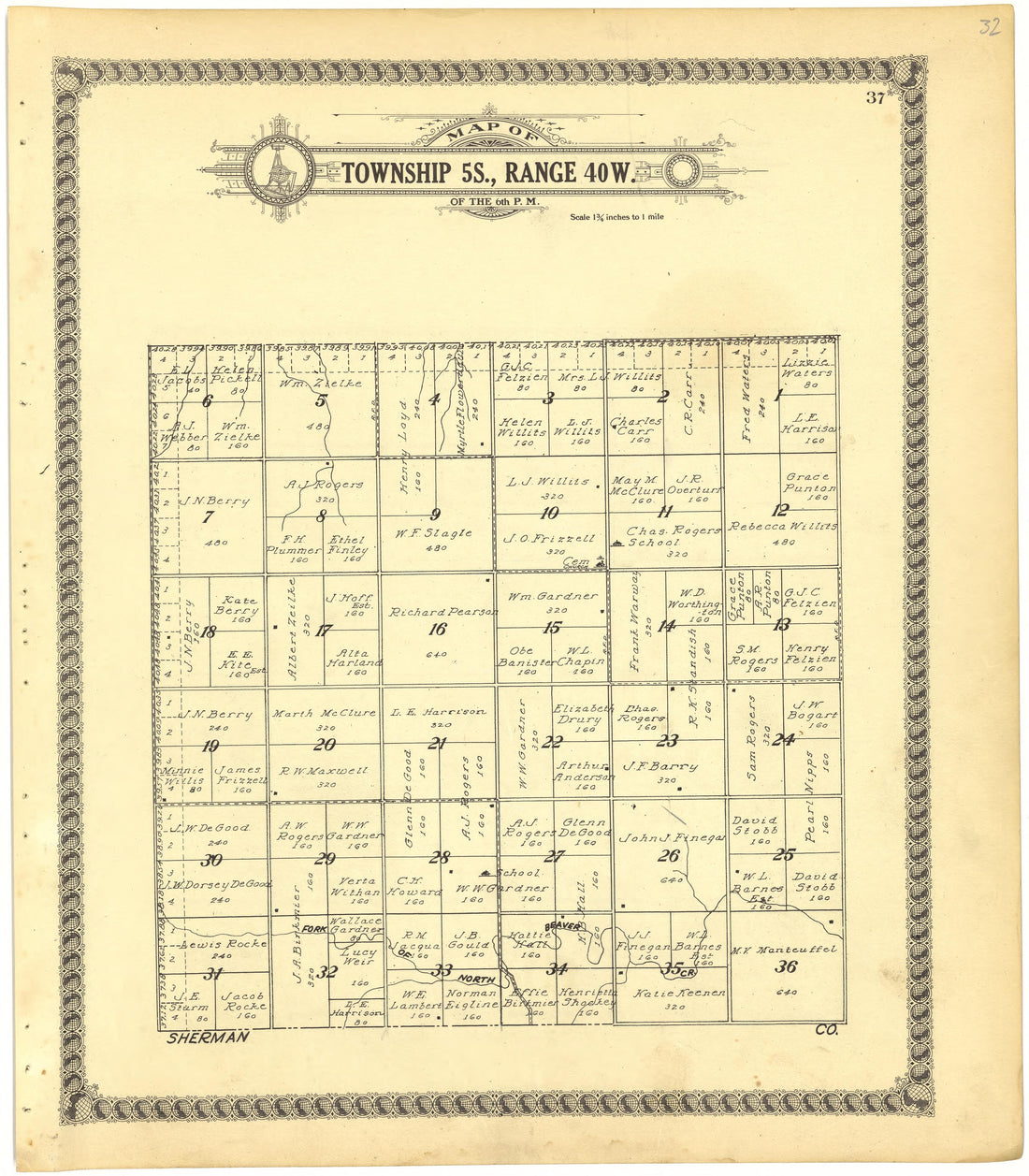 Map of Township 5S., Range 40W. of the 6th P.M. from Standard Atlas of Cheyenne County, Kansas : Including a Plat Book of the Villages, Cities and Townships of the County, Map of the State, United States and World : Patrons Directory, Reference … 1928 by Relic Map Company