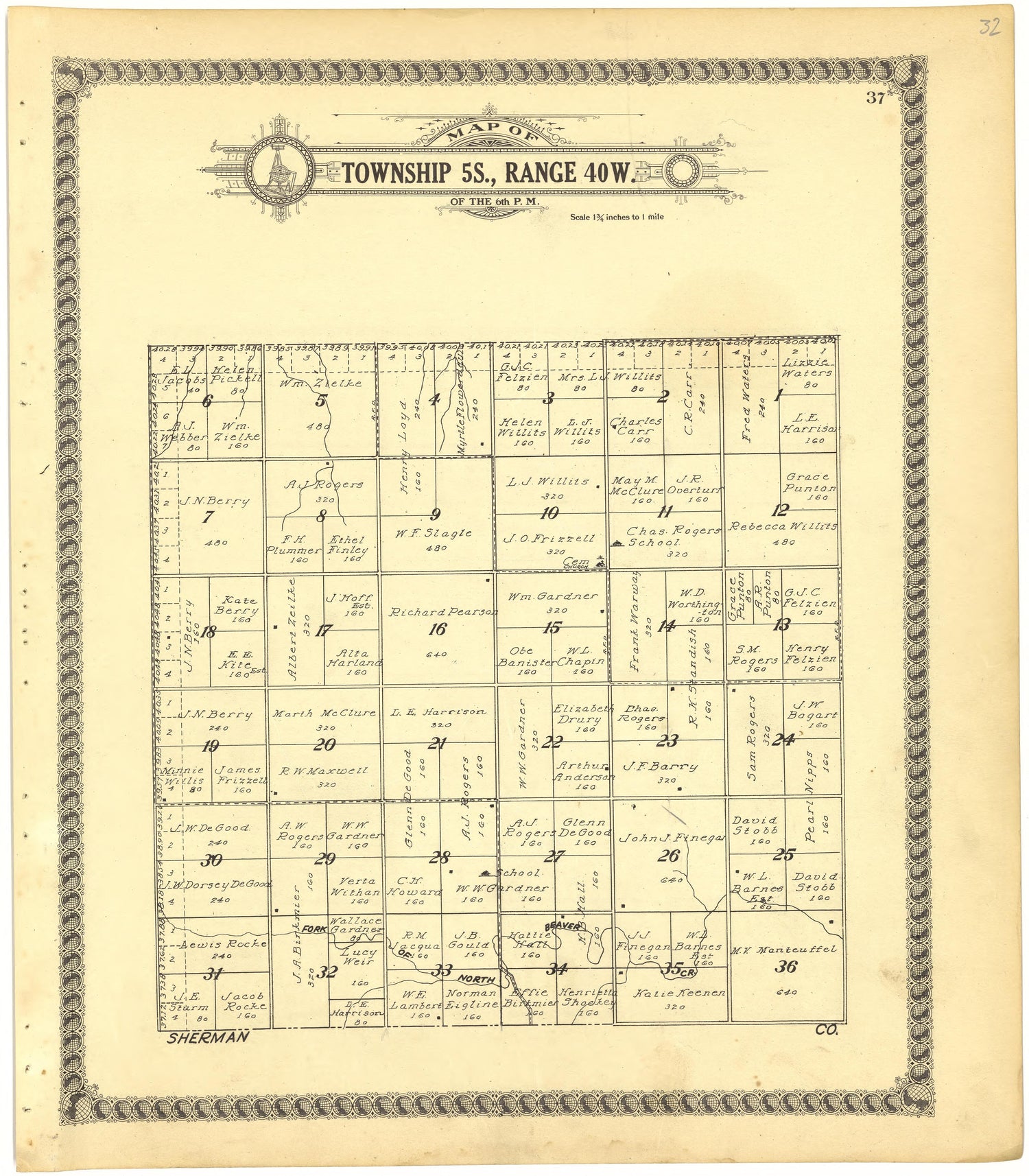 Map of Township 5S., Range 40W. of the 6th P.M. from Standard Atlas of Cheyenne County, Kansas : Including a Plat Book of the Villages, Cities and Townships of the County, Map of the State, United States and World : Patrons Directory, Reference … 1928 by Relic Map Company