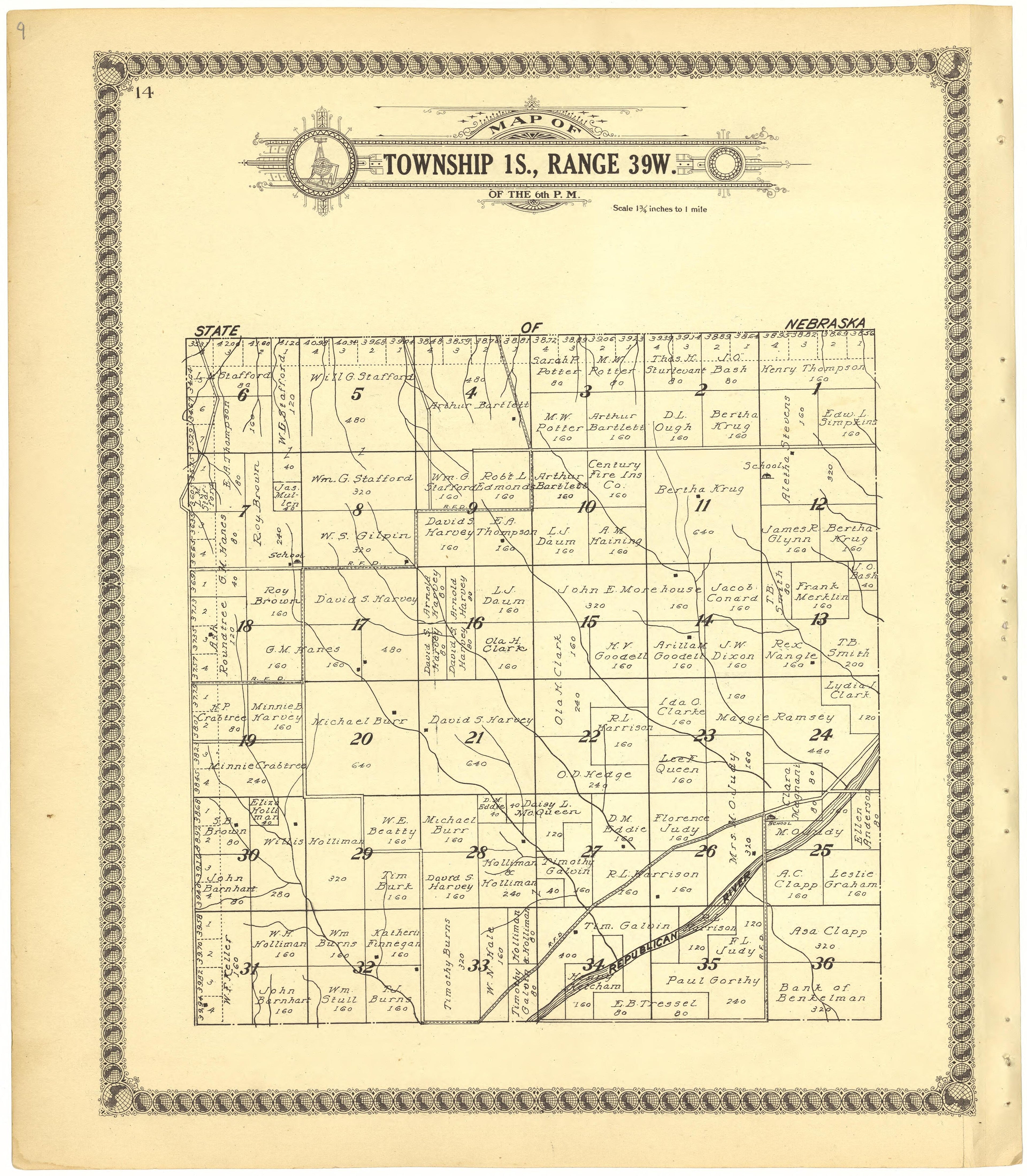 Map of Township 1S., Range 39W. of the 6th P.M. from Standard Atlas of Cheyenne County, Kansas : Including a Plat Book of the Villages, Cities and Townships of the County, Map of the State, United States and World : Patrons Directory, Reference … 1928 by Relic Map Company