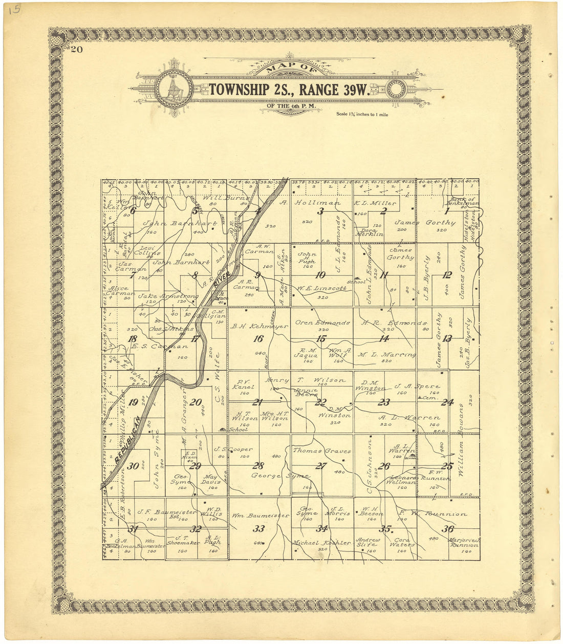 Map of Township 2S., Range 39W. of the 6th P.M. from Standard Atlas of Cheyenne County, Kansas : Including a Plat Book of the Villages, Cities and Townships of the County, Map of the State, United States and World : Patrons Directory, Reference … 1928 by Relic Map Company