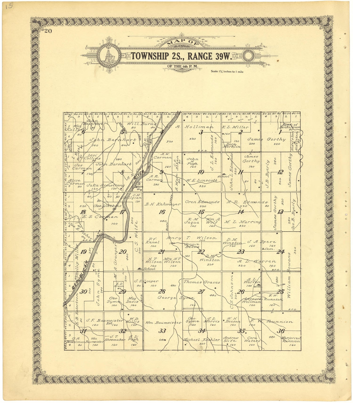 Map of Township 2S., Range 39W. of the 6th P.M. from Standard Atlas of Cheyenne County, Kansas : Including a Plat Book of the Villages, Cities and Townships of the County, Map of the State, United States and World : Patrons Directory, Reference … 1928 by Relic Map Company