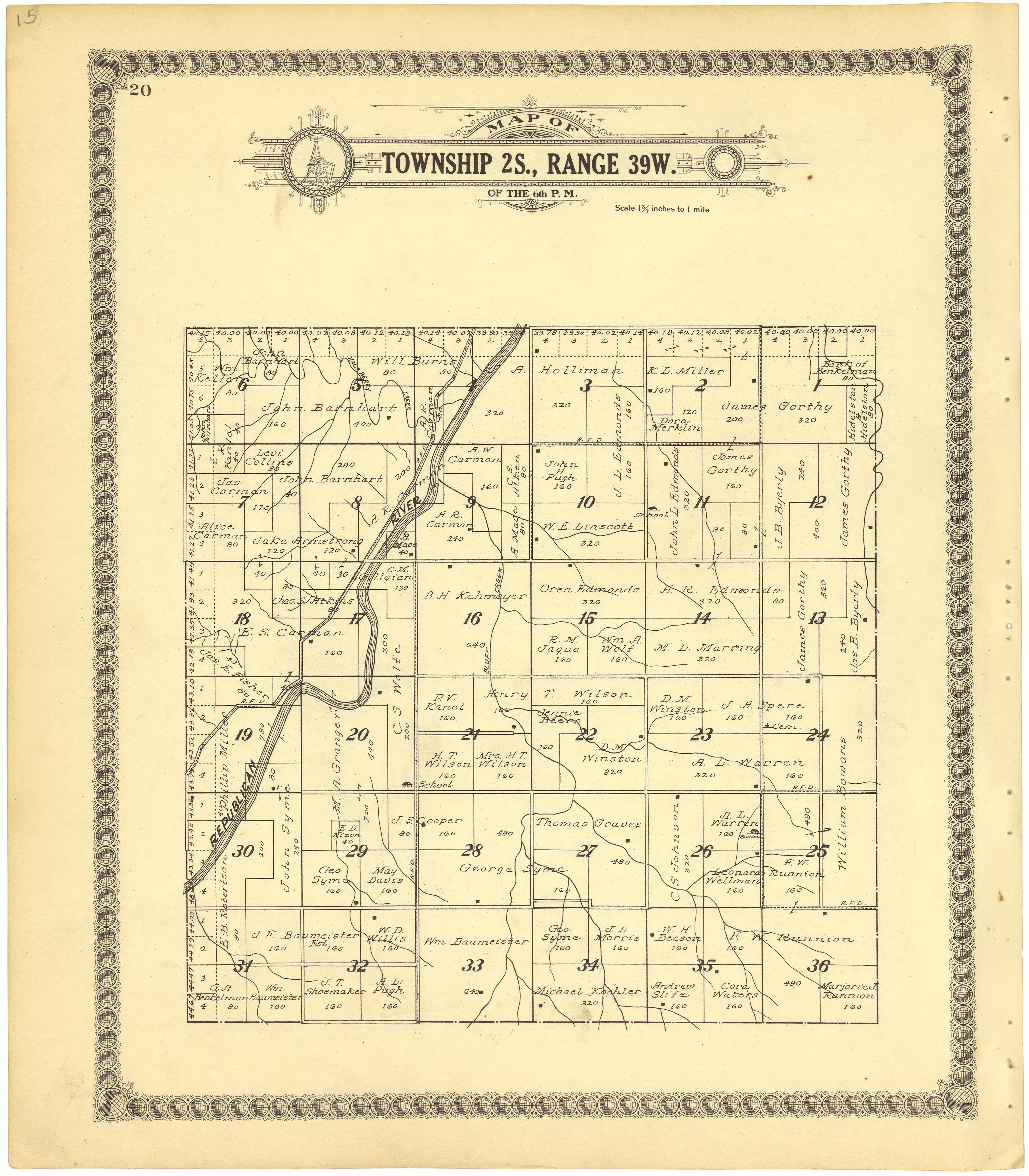 Map of Township 2S., Range 39W. of the 6th P.M. from Standard Atlas of Cheyenne County, Kansas : Including a Plat Book of the Villages, Cities and Townships of the County, Map of the State, United States and World : Patrons Directory, Reference … 1928 by Relic Map Company