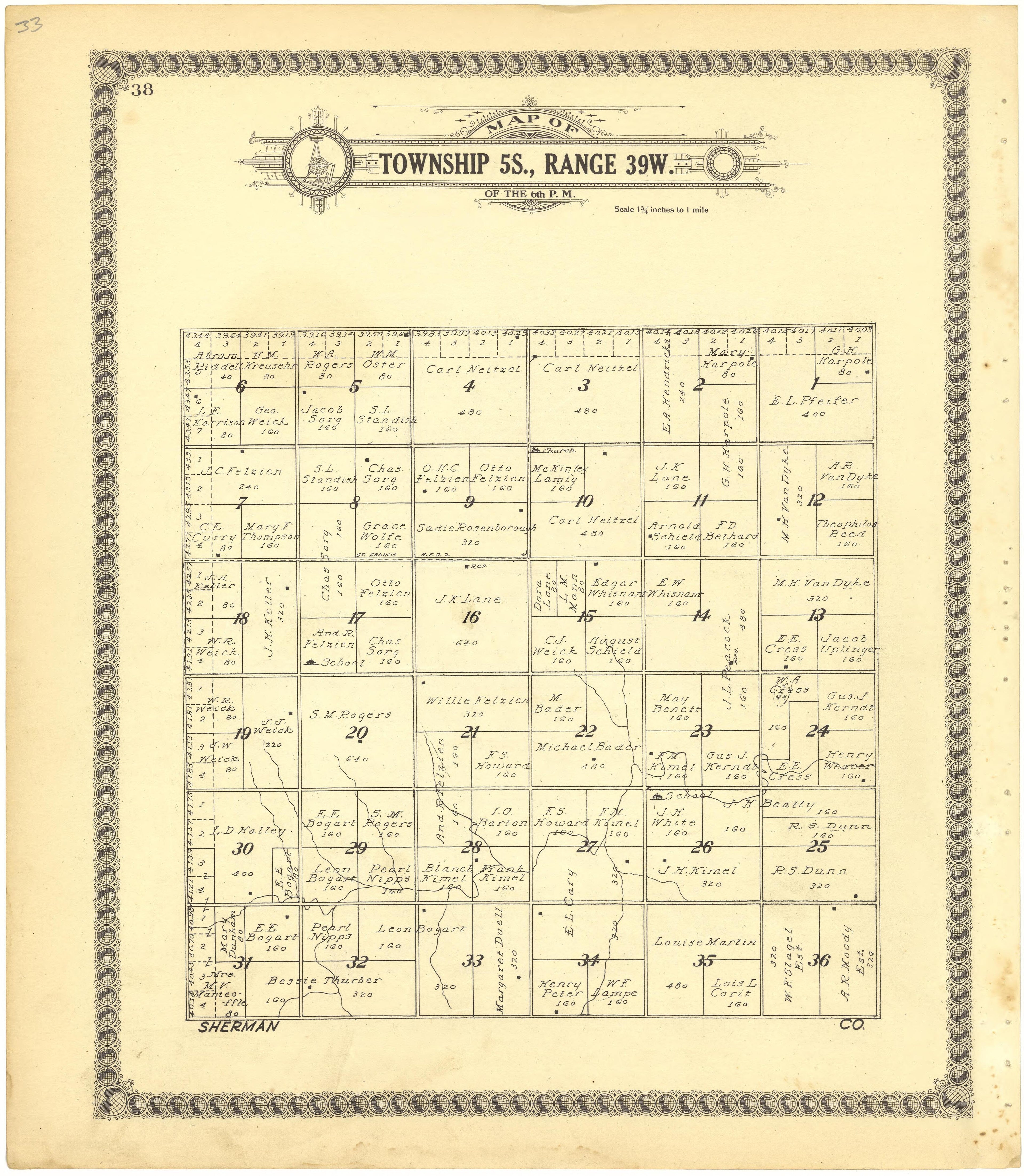Map of Township 5S., Range 39W. of the 6th P.M. from Standard Atlas of Cheyenne County, Kansas : Including a Plat Book of the Villages, Cities and Townships of the County, Map of the State, United States and World : Patrons Directory, Reference … 1928 by Relic Map Company