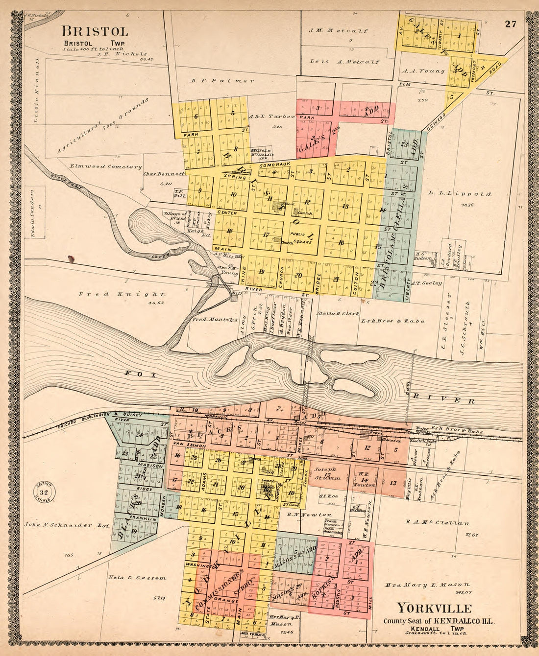 Bristol (Bristol Township) &amp; Yorkville (Kendall Township) from Standard Atlas of Kendall County, Illinois : Including a Plat Book of the Villages, Cities and Townships of the County, Map of the State, United States and World : Patrons Directory, Refer... by Relic Map Company