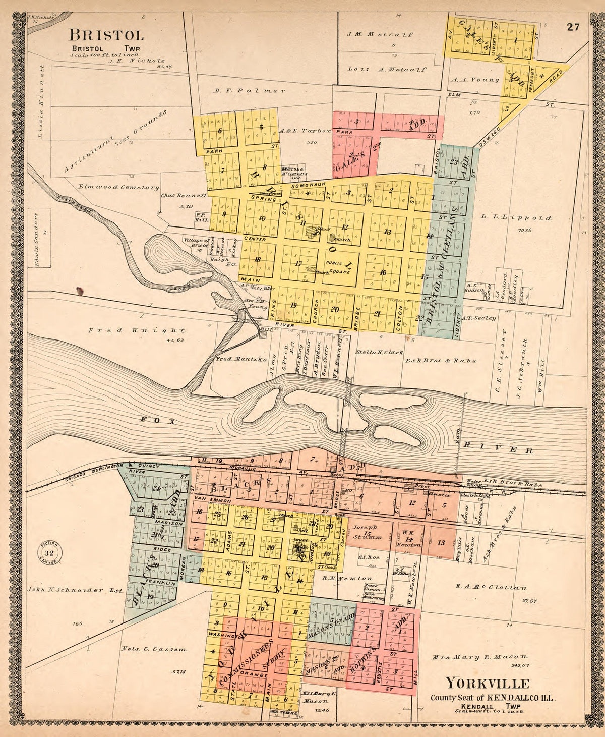 Bristol (Bristol Township) &amp; Yorkville (Kendall Township) from Standard Atlas of Kendall County, Illinois : Including a Plat Book of the Villages, Cities and Townships of the County, Map of the State, United States and World : Patrons Directory, Refer... by Relic Map Company