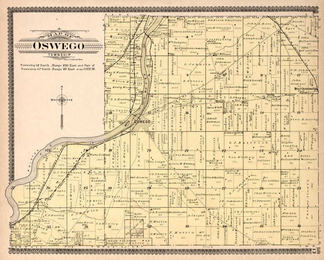 Oswego Township from Standard Atlas of Kendall County, Illinois : Including a Plat Book of the Villages, Cities and Townships of the County, Map of the State, United States and World : Patrons Directory, Reference … 1903 by Relic Map Company
