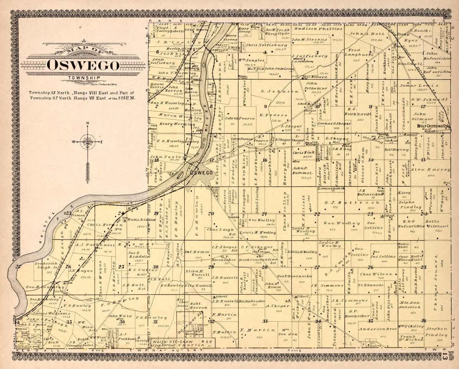 Oswego Township from Standard Atlas of Kendall County, Illinois : Including a Plat Book of the Villages, Cities and Townships of the County, Map of the State, United States and World : Patrons Directory, Reference … 1903 by Relic Map Company