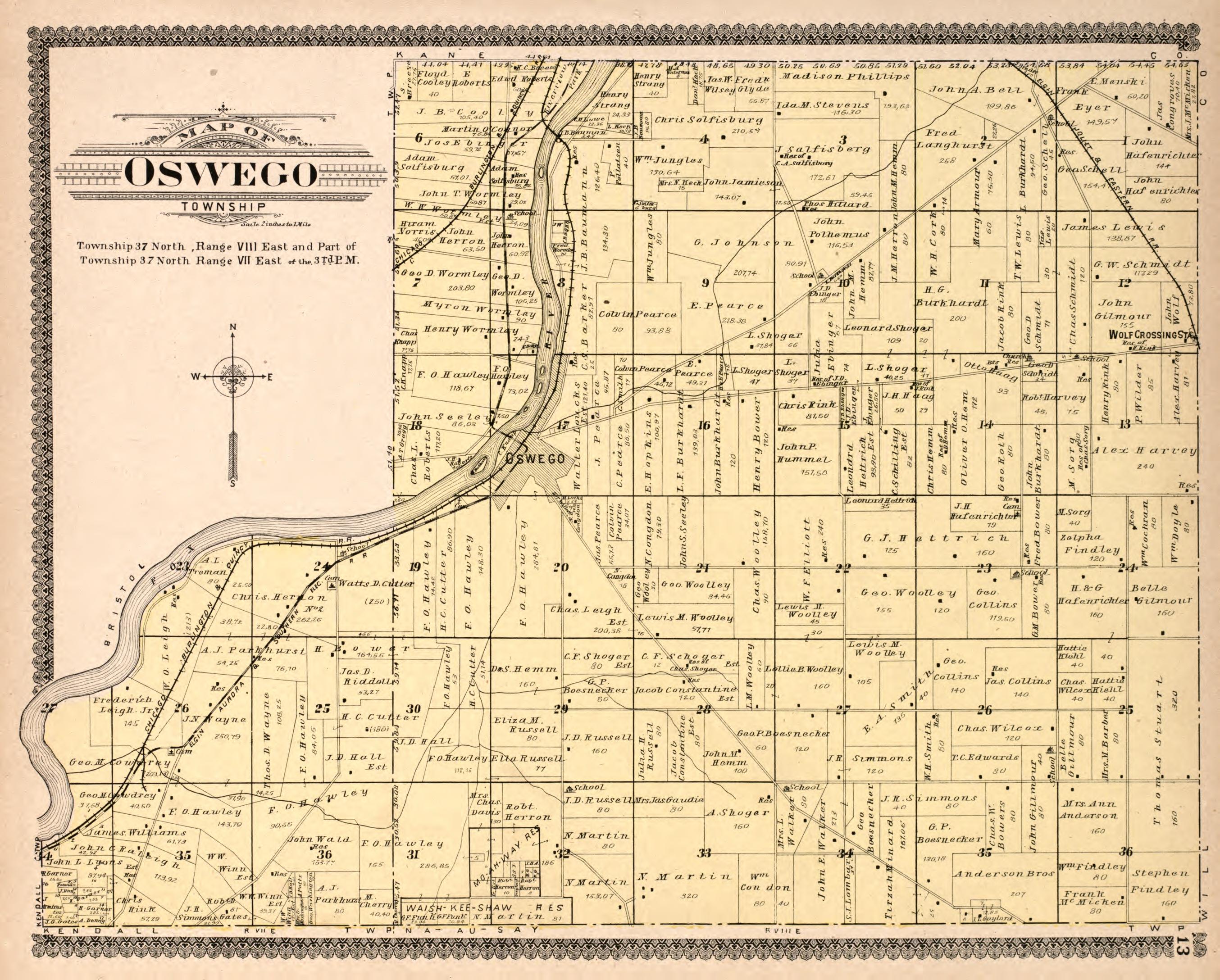 Oswego Township from Standard Atlas of Kendall County, Illinois : Including a Plat Book of the Villages, Cities and Townships of the County, Map of the State, United States and World : Patrons Directory, Reference … 1903 by Relic Map Company