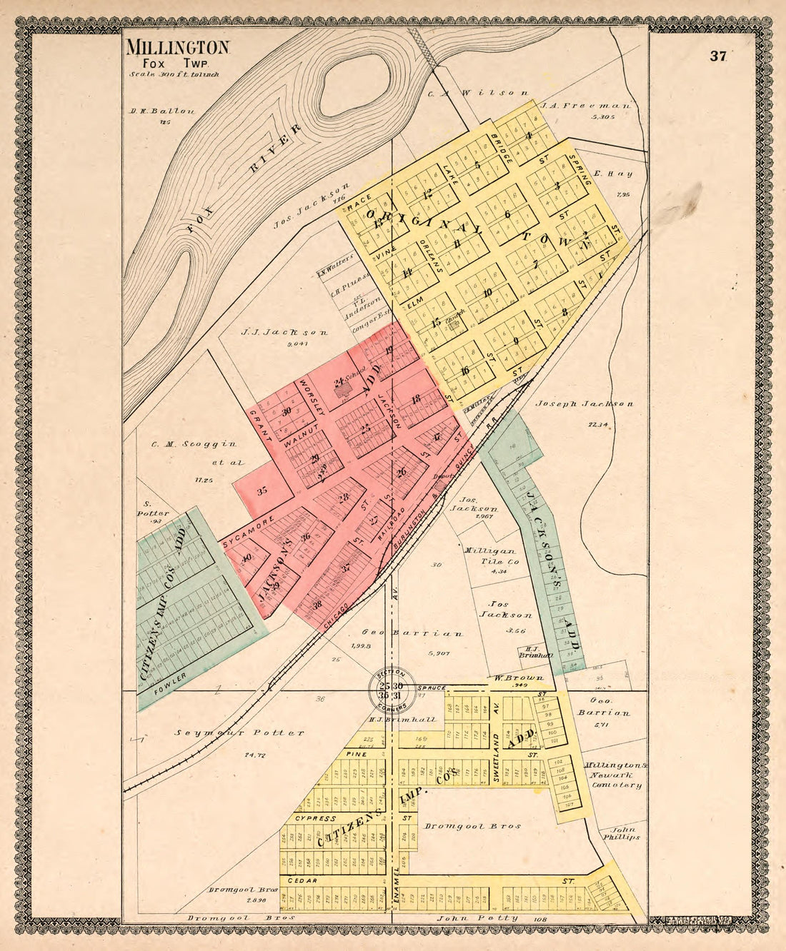 Millington (Fox Township) from Standard Atlas of Kendall County, Illinois : Including a Plat Book of the Villages, Cities and Townships of the County, Map of the State, United States and World : Patrons Directory, Reference … 1903 by Relic Map Company