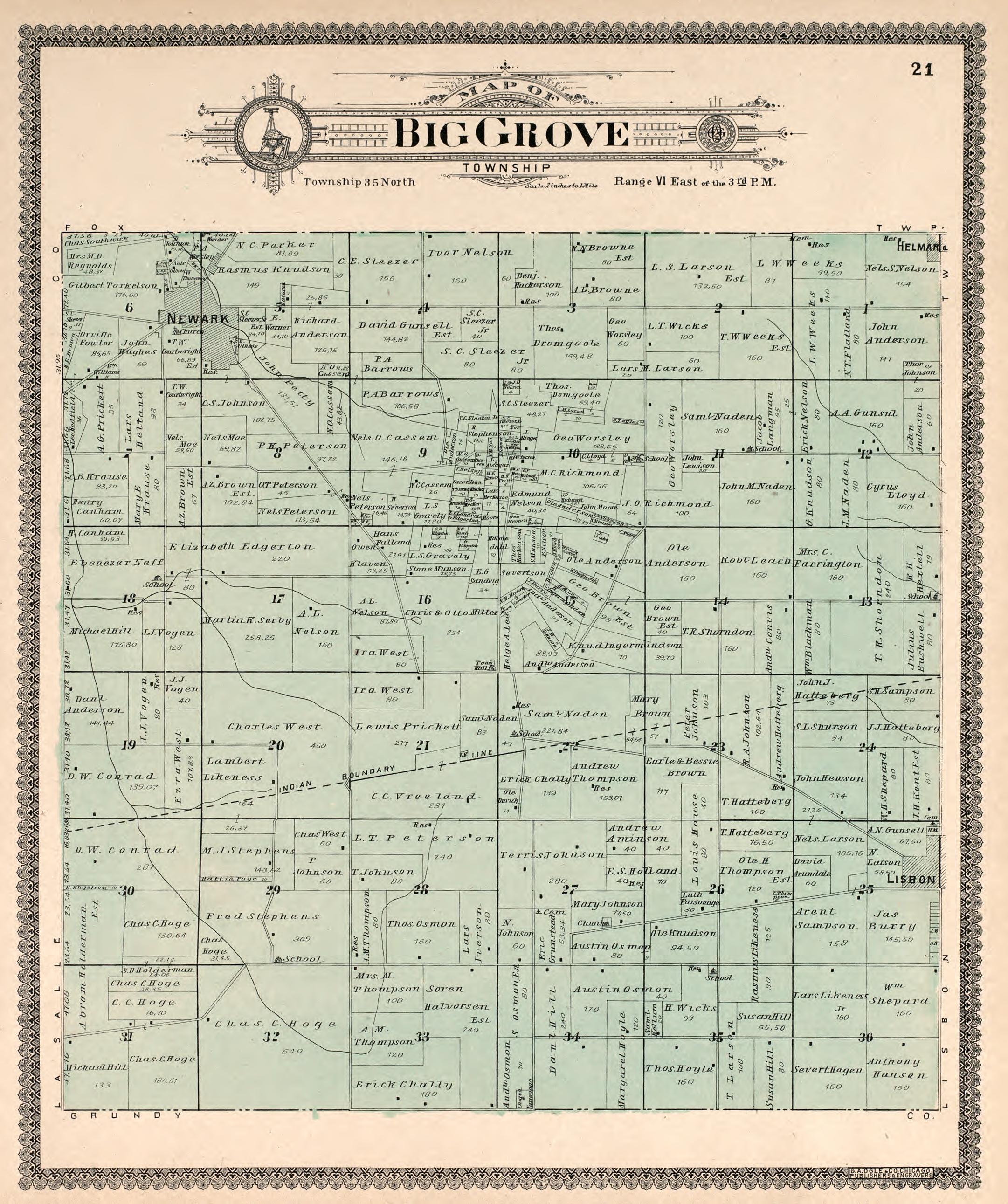 Big Grove Township from Standard Atlas of Kendall County, Illinois : Including a Plat Book of the Villages, Cities and Townships of the County, Map of the State, United States and World : Patrons Directory, Reference … 1903 by Relic Map Company