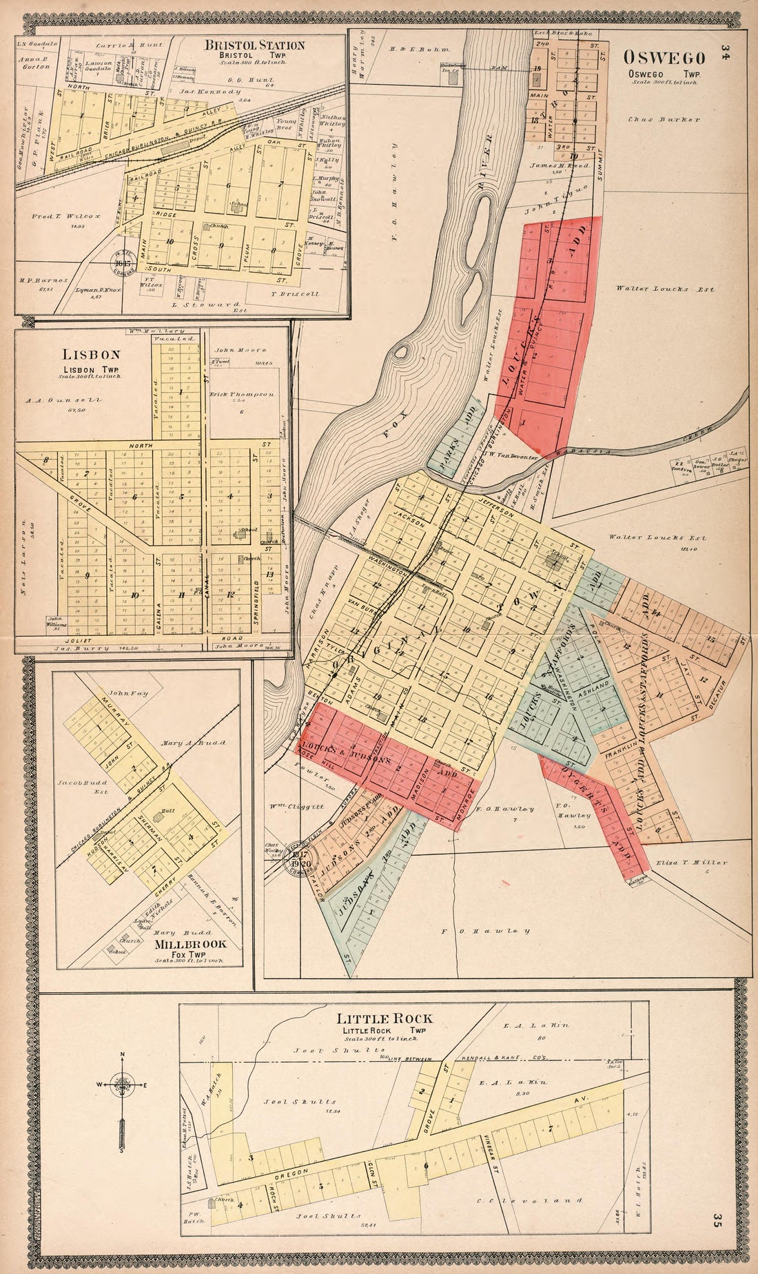Bristol Station, Lisbon, Millbrook, Little Rock, &amp; Oswego from Standard Atlas of Kendall County, Illinois : Including a Plat Book of the Villages, Cities and Townships of the County, Map of the State, United States and World : Patrons Directory, Refer... by Relic Map Company