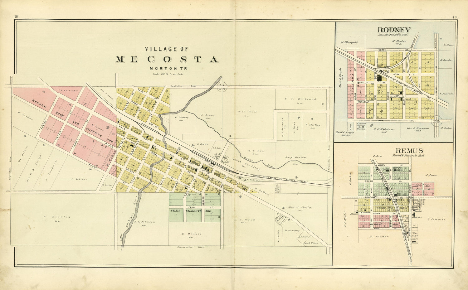 Village of Mecosta, Rodney, Remus from Plat Book of Mecosta County, Michigan 1900 by Relic Map Company