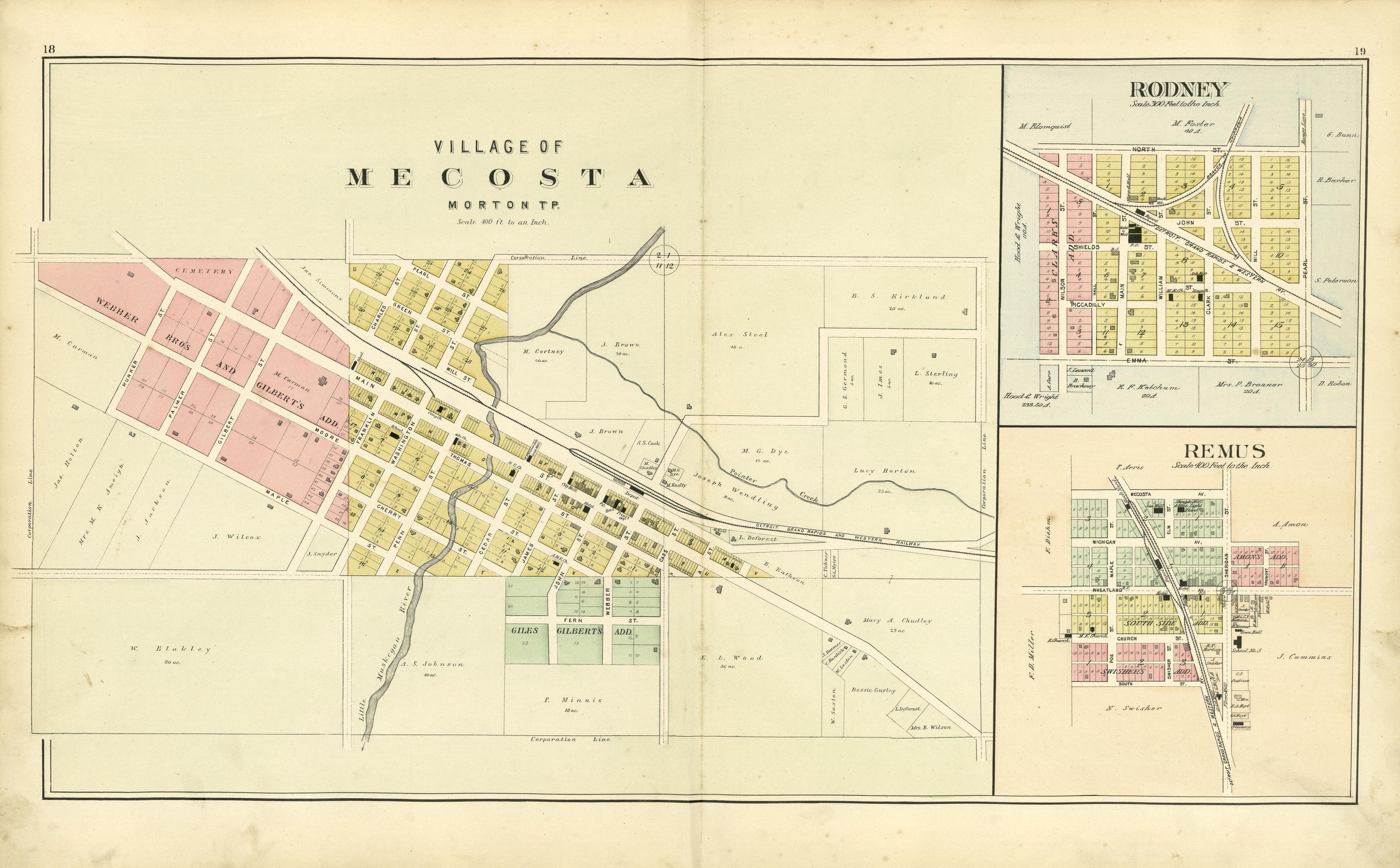 Village of Mecosta, Rodney, Remus from Plat Book of Mecosta County, Michigan 1900 by Relic Map Company
