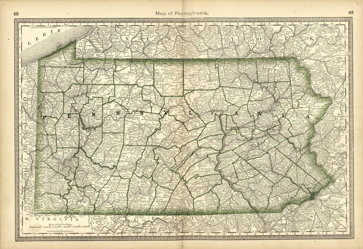 Map of Pennsylvania from Historical Hand-atlas, Illustrated, Containing Large Scale Copper Plate Maps of Each State and Territory of the United States, and the Provinces of Canada, Together With a Complete Reference Map of the World, … 1882 by Relic Map Company