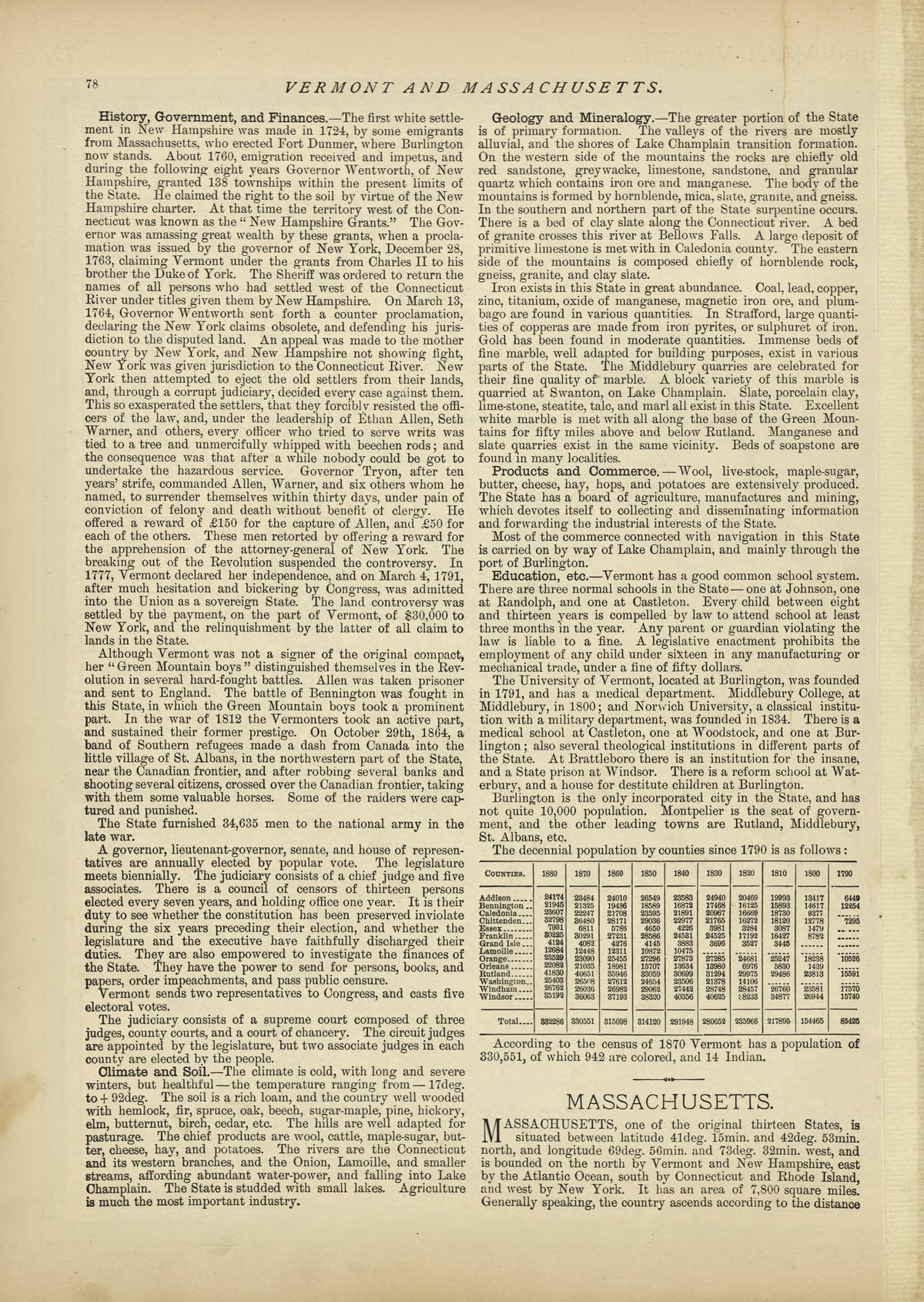 Vermont - Continued, Massachusetts from Historical Hand-atlas, Illustrated, Containing Large Scale Copper Plate Maps of Each State and Territory of the United States, and the Provinces of Canada, Together With a Complete Reference Map of the World, �... by Relic Map Company