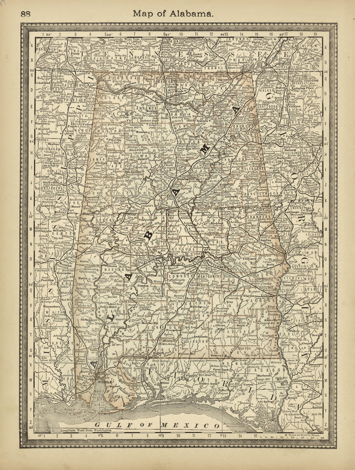 Map of Alabama from Historical Hand-atlas, Illustrated, Containing Large Scale Copper Plate Maps of Each State and Territory of the United States, and the Provinces of Canada, Together With a Complete Reference Map of the World, … 1882 by Relic Map Company