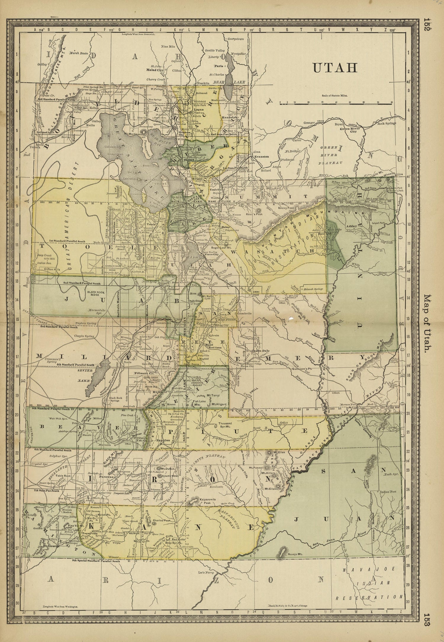 Map of Utah from Historical Hand-atlas, Illustrated, Containing Large Scale Copper Plate Maps of Each State and Territory of the United States, and the Provinces of Canada, Together With a Complete Reference Map of the World, … 1882 by Relic Map Company