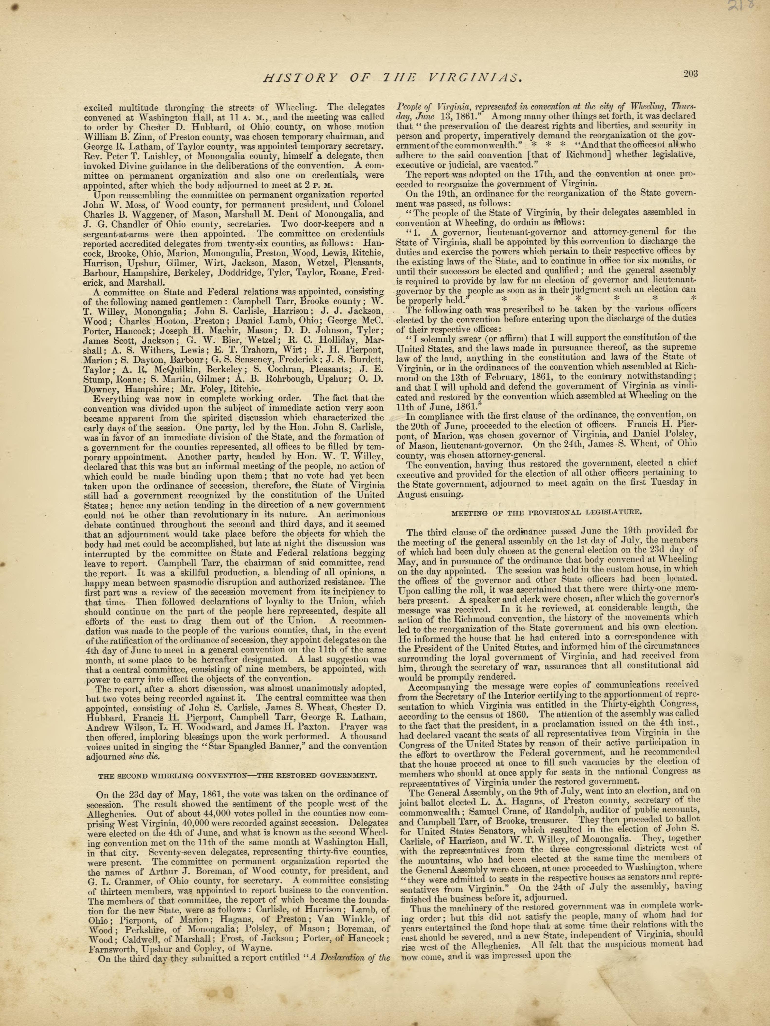History of the Virginias - Continued from Historical Hand-atlas, Illustrated, Containing Large Scale Copper Plate Maps of Each State and Territory of the United States, and the Provinces of Canada, Together With a Complete Reference Map of the World, ... by Relic Map Company