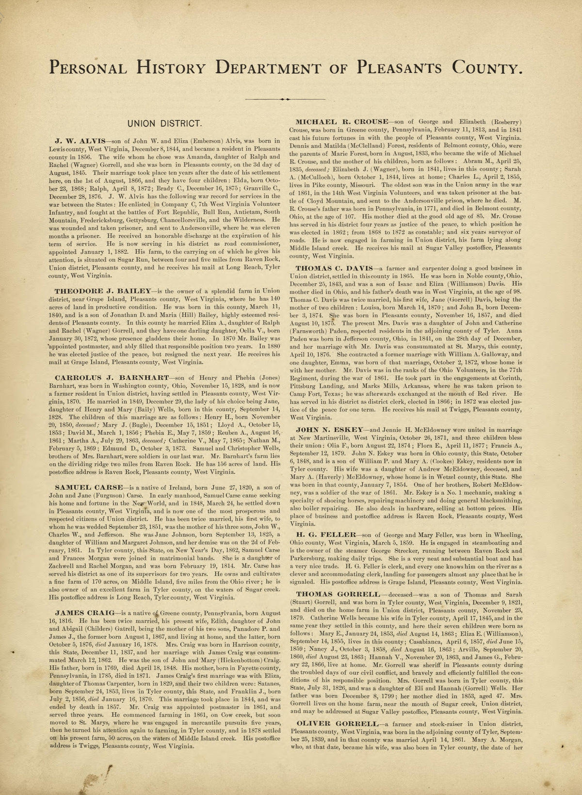 Personal History Department of Pleasants County from Historical Hand-atlas, Illustrated, Containing Large Scale Copper Plate Maps of Each State and Territory of the United States, and the Provinces of Canada, Together With a Complete Reference Map of ... by Relic Map Company