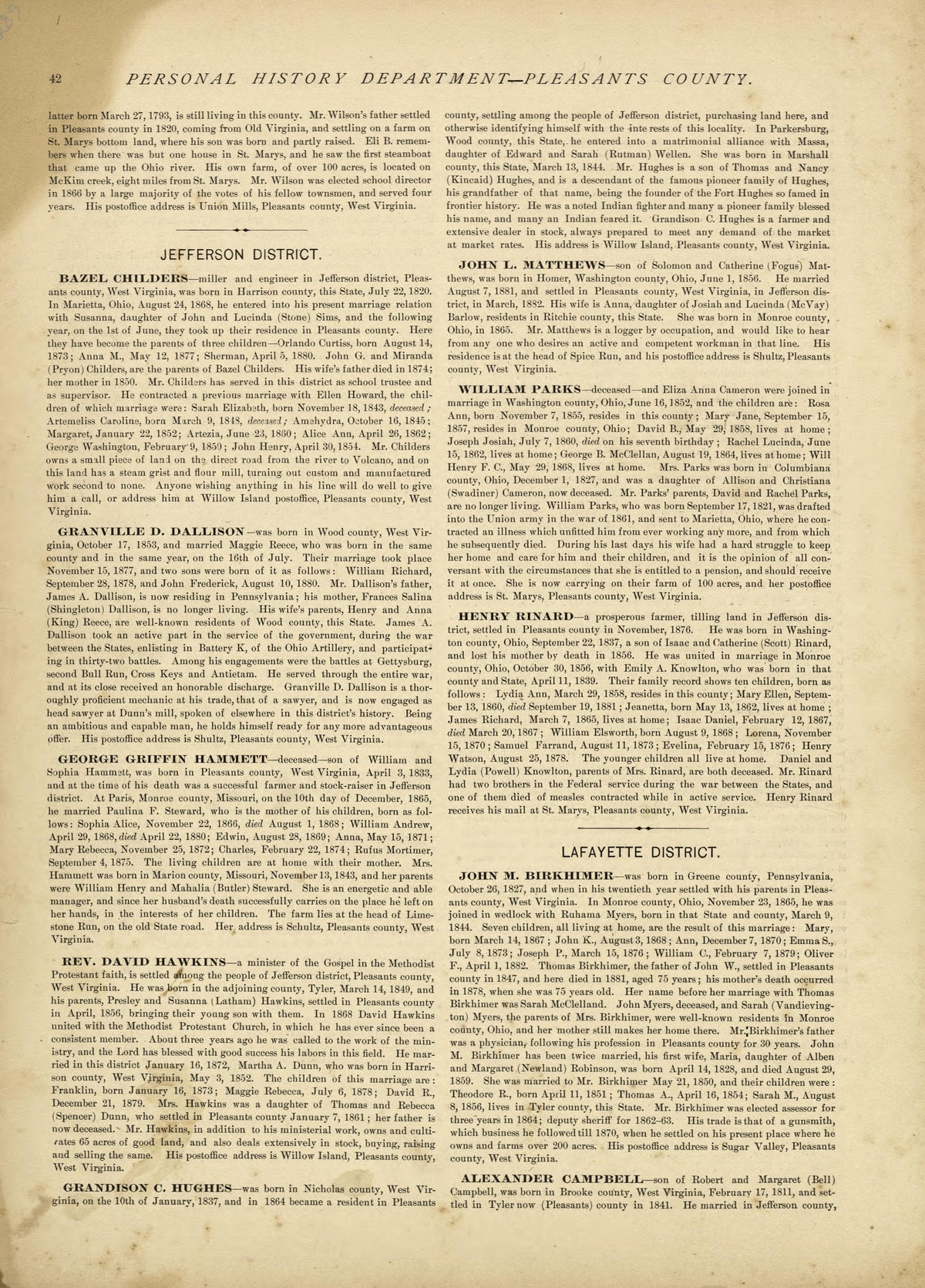 Personal History Department of Pleasants County - Continued from Historical Hand-atlas, Illustrated, Containing Large Scale Copper Plate Maps of Each State and Territory of the United States, and the Provinces of Canada, Together With a Complete Refer... by Relic Map Company