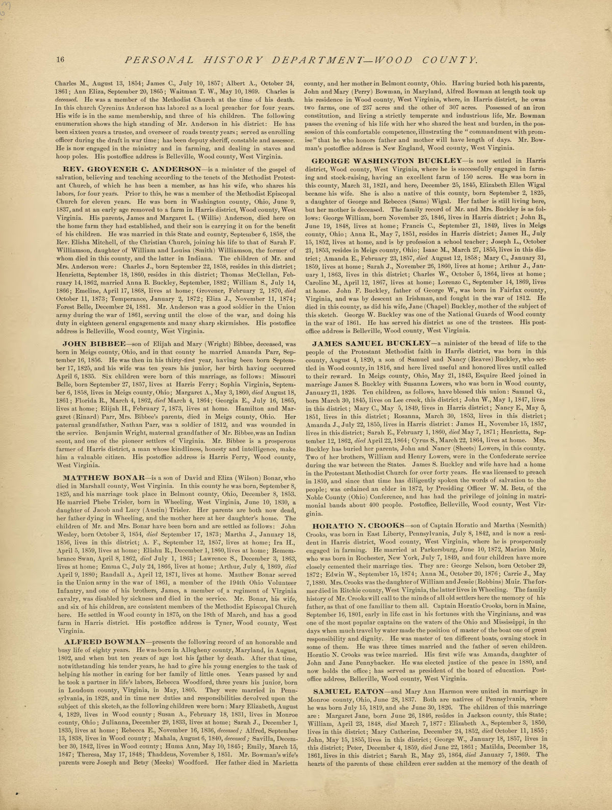 Personal History Department of Wood County - Continued from Historical Hand-atlas, Illustrated, Containing Large Scale Copper Plate Maps of Each State and Territory of the United States, and the Provinces of Canada, Together With a Complete Reference ... by Relic Map Company