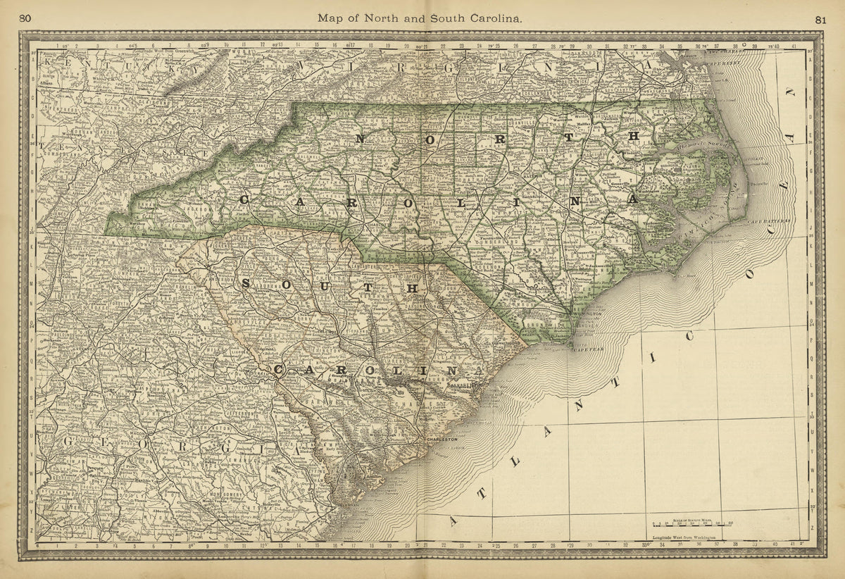 Map of North and South Carolina from Historical Hand-atlas, Illustrated, Containing Large Scale Copper Plate Maps of Each State and Territory of the United States, and the Provinces of Canada, Together With a Complete Reference Map of the World, … 1882 by Relic Map Company