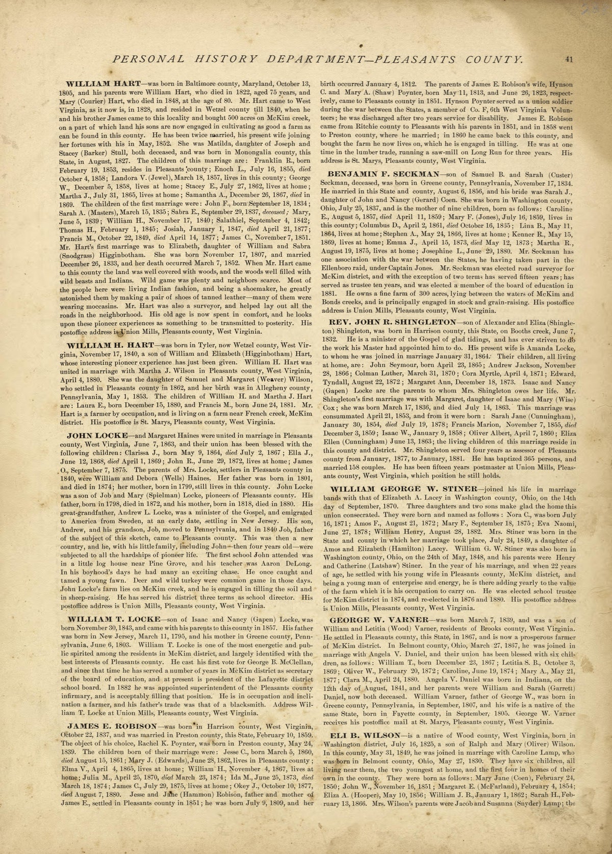Personal History Department of Pleasants County - Continued from Historical Hand-atlas, Illustrated, Containing Large Scale Copper Plate Maps of Each State and Territory of the United States, and the Provinces of Canada, Together With a Complete Refer... by Relic Map Company