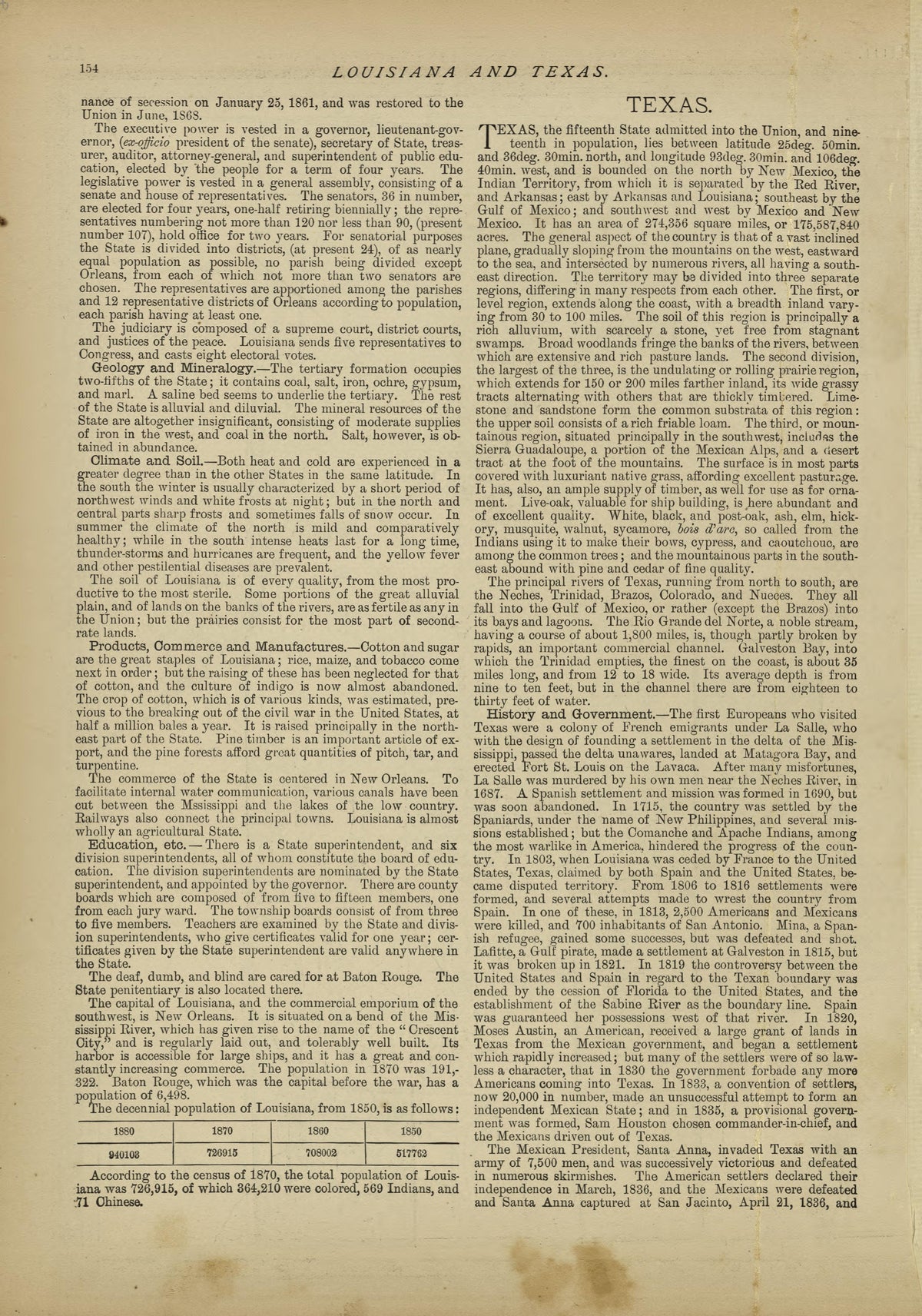 Louisiana - Continued, Texas from Historical Hand-atlas, Illustrated, Containing Large Scale Copper Plate Maps of Each State and Territory of the United States, and the Provinces of Canada, Together With a Complete Reference Map of the World, … 1882 by Relic Map Company
