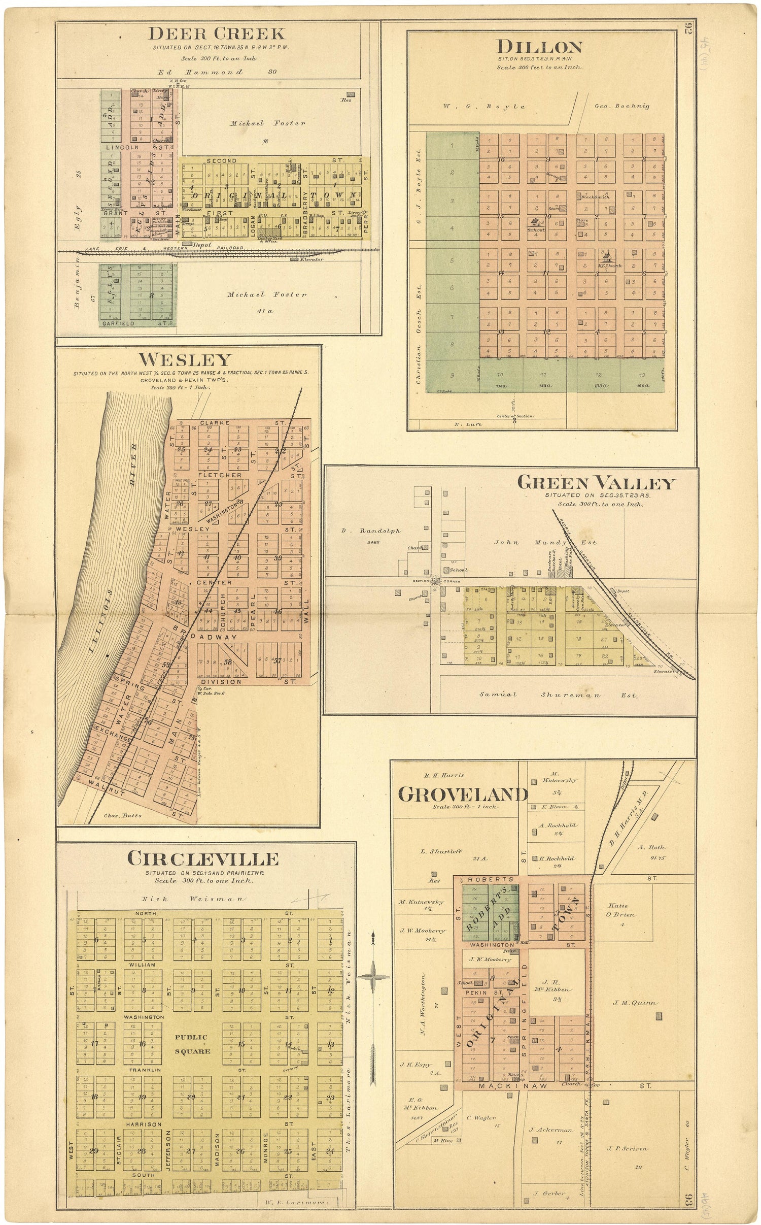Deer Creek; Dillon; Wesley; Green Valley; Circleville; Groveland from Plat Book of Tazewell County, Illinois 1891 by Relic Map Company